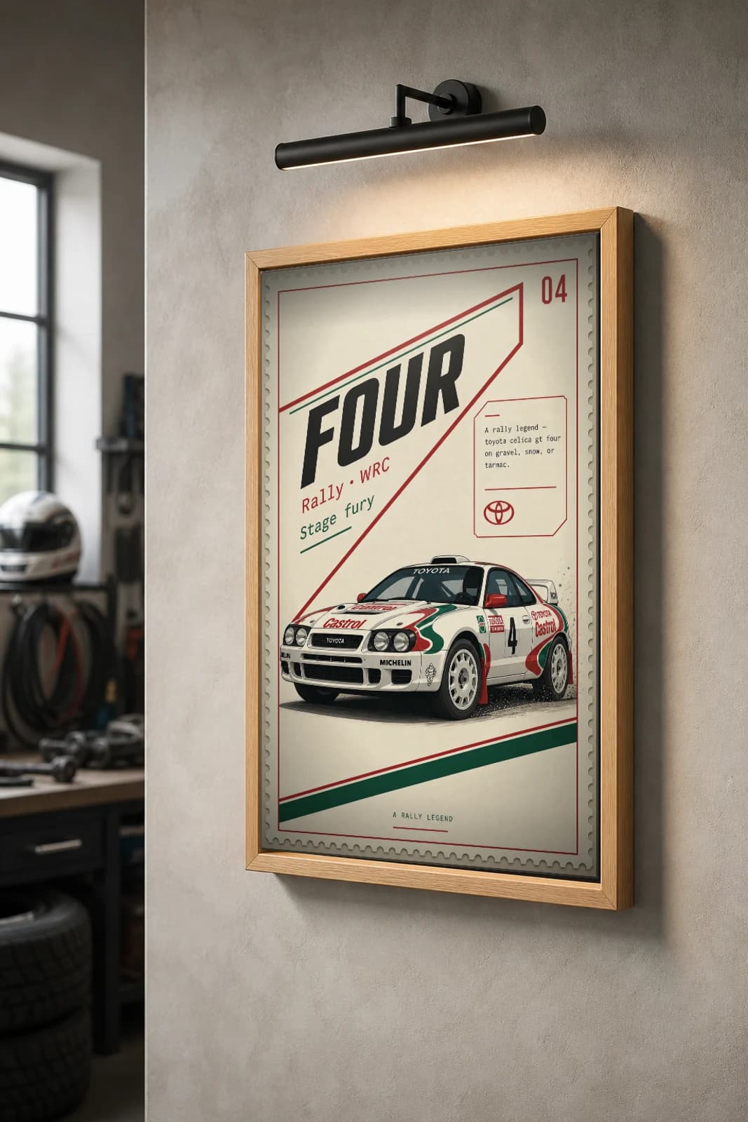 Toyota Celica GT-Four Poster — 1990 Group B / WRC Rally Wall Art · framed A2 — the framed print shown at a three-quarter angle on a styled gallery wall in a natural-oak frame