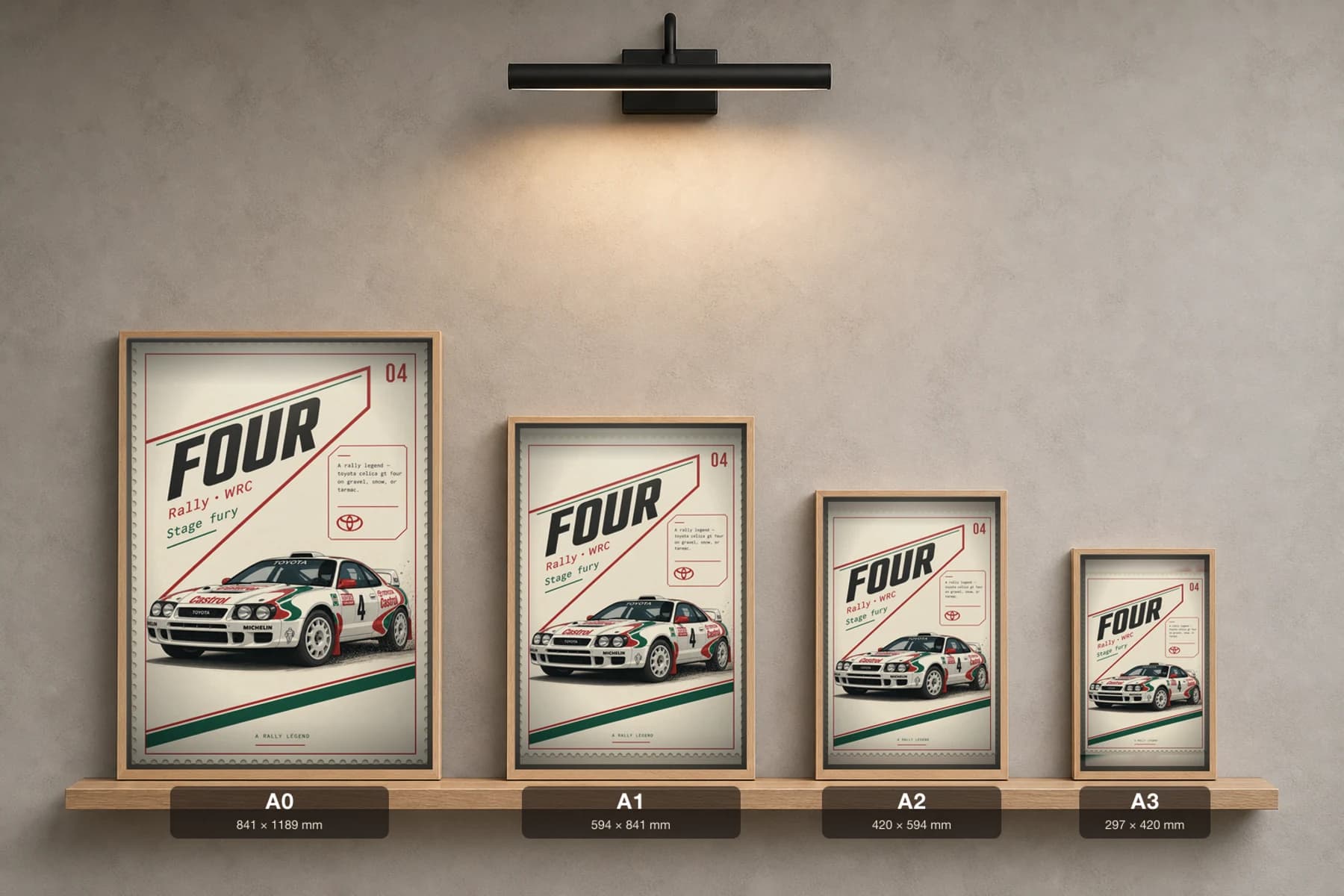 Toyota Celica GT-Four Poster — 1990 Group B / WRC Rally Wall Art · framed A2 — print size guide showing the artwork at A0, A1, A2 and A3 in natural-oak frames at true relative scale