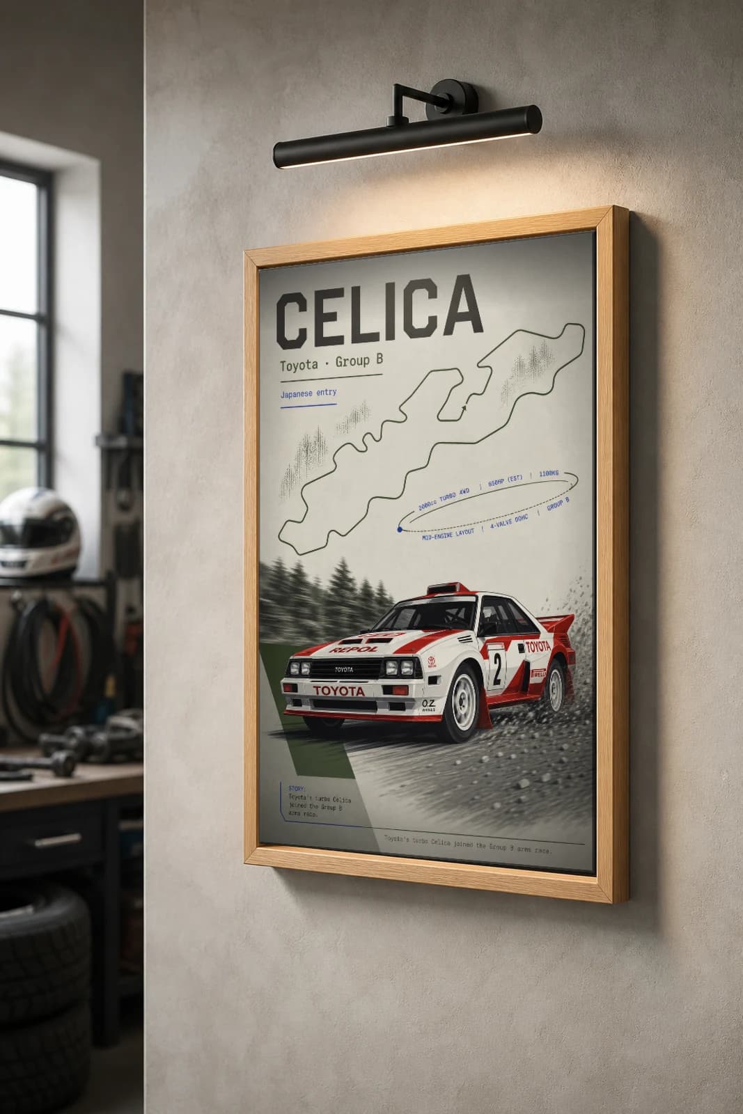 Toyota Celica Twin Cam Turbo Poster — 1985 Group B / WRC Rally Wall Art · framed A2 — the framed print shown at a three-quarter angle on a styled gallery wall in a natural-oak frame