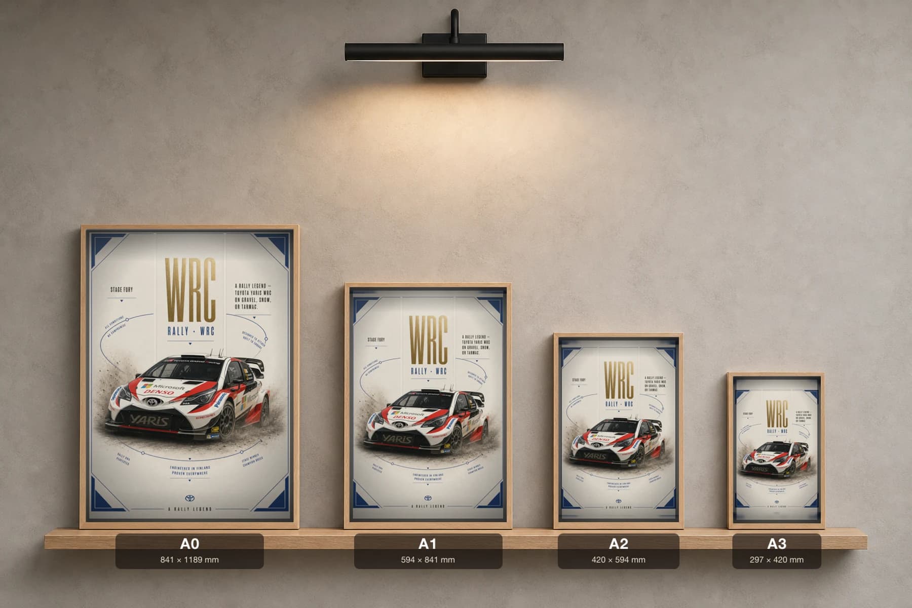 Toyota Yaris WRC Poster — 2021 Group B / WRC Rally Wall Art · framed A2 — print size guide showing the artwork at A0, A1, A2 and A3 in natural-oak frames at true relative scale