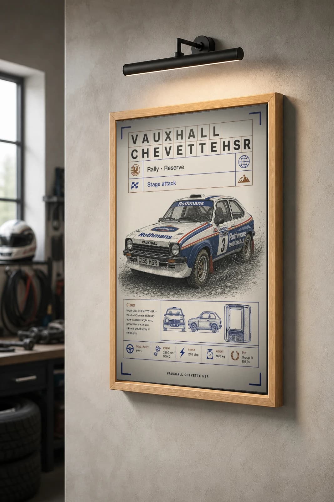 Vauxhall Chevette HSR Poster — 1980 Group B / WRC Rally Wall Art · framed A2 — the framed print shown at a three-quarter angle on a styled gallery wall in a natural-oak frame