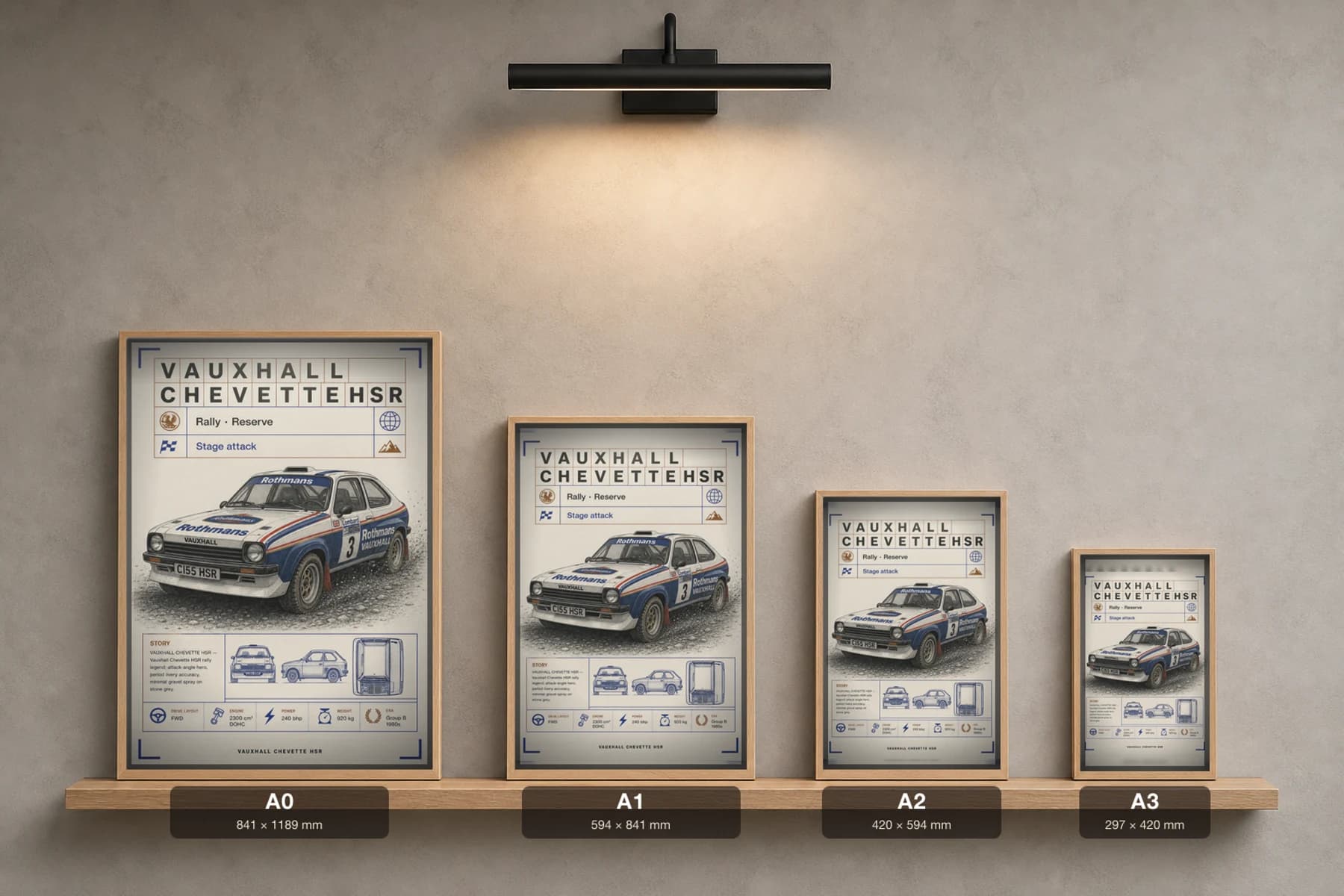 Vauxhall Chevette HSR Poster — 1980 Group B / WRC Rally Wall Art · framed A2 — print size guide showing the artwork at A0, A1, A2 and A3 in natural-oak frames at true relative scale