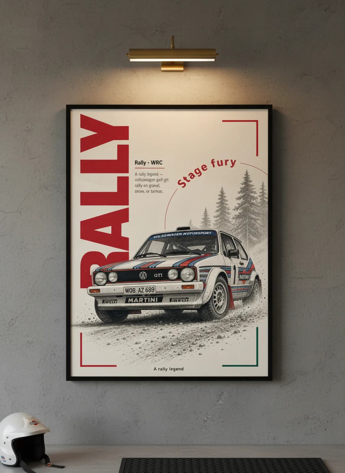 Volkswagen Golf GTI Rally Group B rally print in black A2 frame on warm-cream-stippled-newsprint warm-graphite wall — Group B WEC mockup