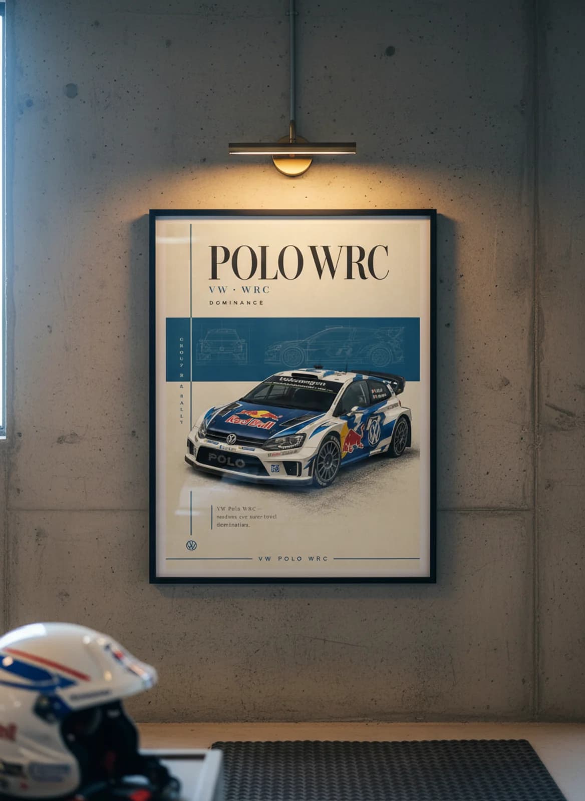 Volkswagen Polo WRC Group B rally print in black A2 frame on warm-cream-newsprint warm-graphite wall — Group B WEC mockup