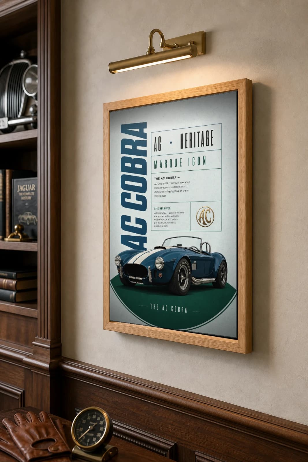 AC Cobra 427 Poster — 1965 roadster wall art · framed A2 · garage decor — the framed print shown at a three-quarter angle on a styled gallery wall in a natural-oak frame