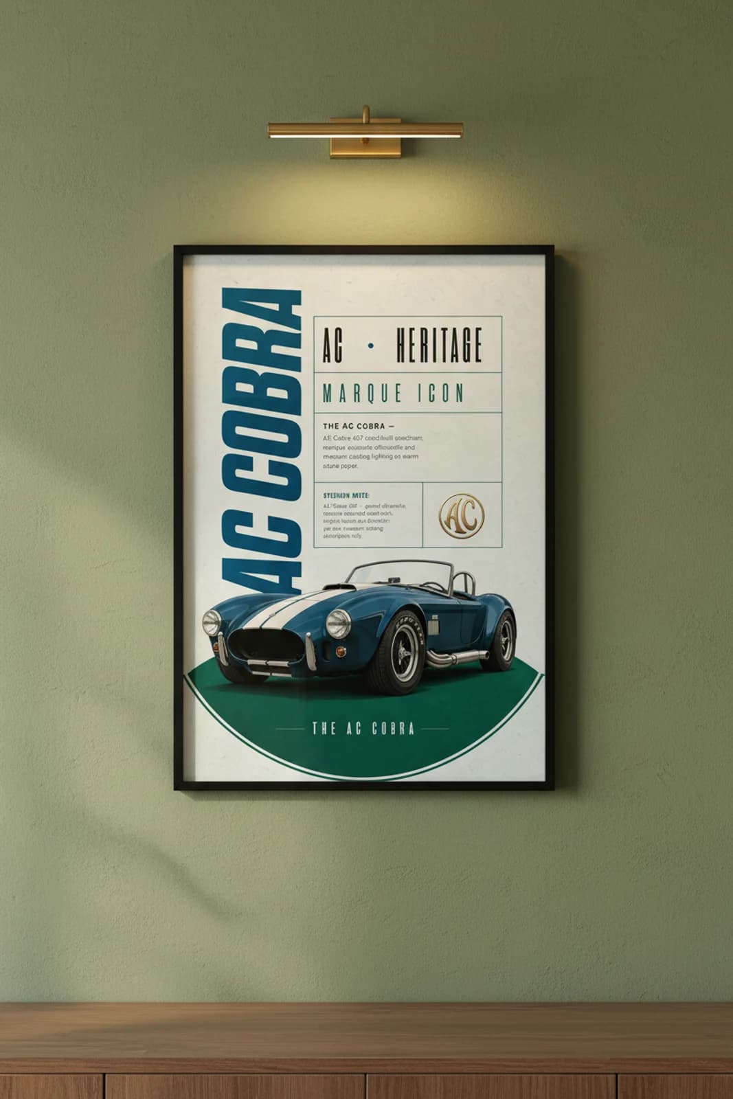 AC Cobra 427 poster in black A2 frame on british-racing-green lime-wash wall — Heritage Icons collector lounge mockup