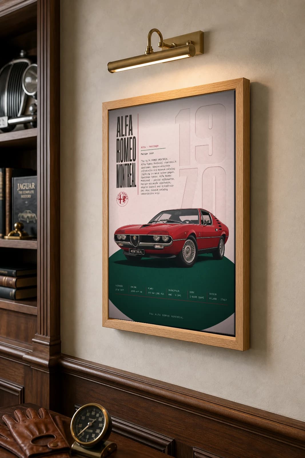 Alfa Romeo Montreal Poster — 1970 sports car wall art · framed A2 · garage decor — the framed print shown at a three-quarter angle on a styled gallery wall in a natural-oak frame