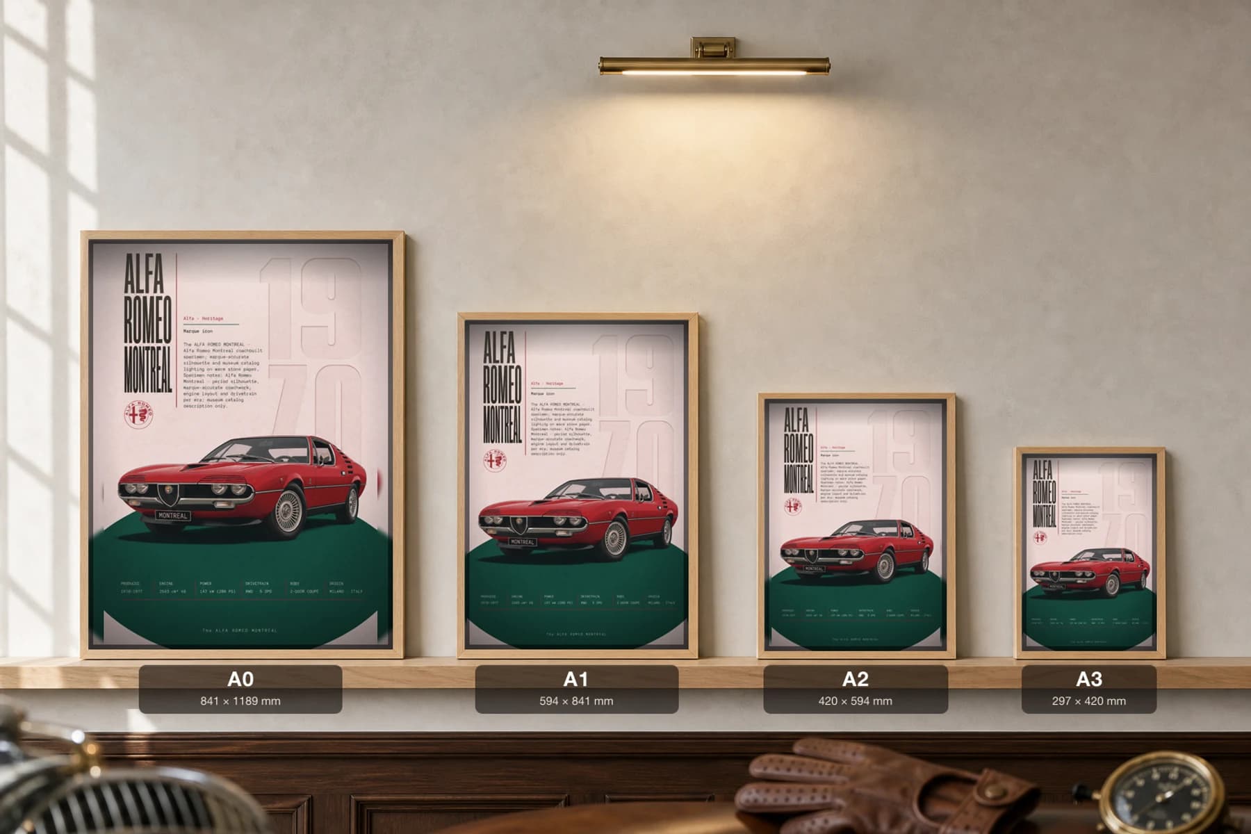 Alfa Romeo Montreal Poster — 1970 sports car wall art · framed A2 · garage decor — print size guide showing the artwork at A0, A1, A2 and A3 in natural-oak frames at true relative scale