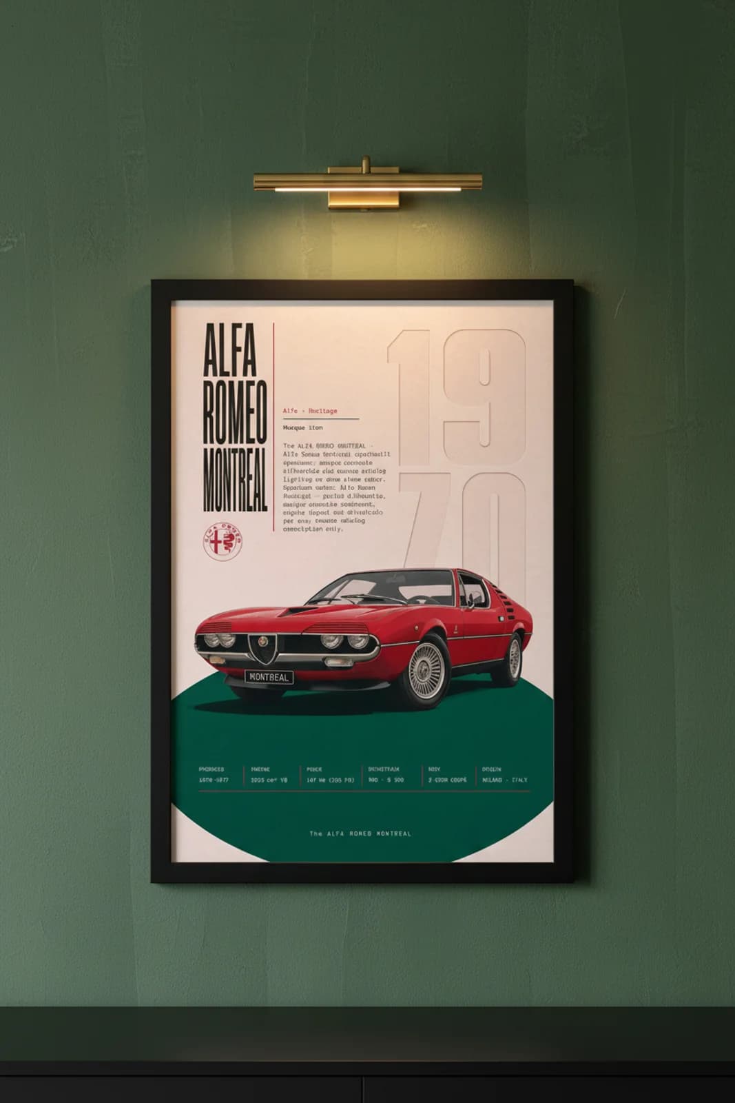 Montreal poster in black A2 frame on british-racing-green lime-wash wall — Heritage Icons collector lounge mockup
