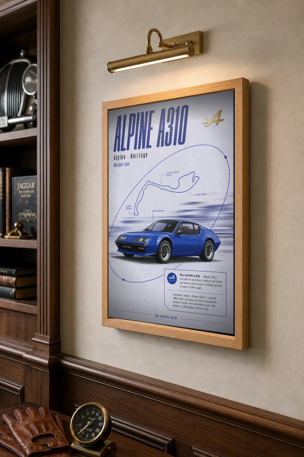 Alpine A310 Poster — 1971 sports car wall art · framed A2 · garage decor — the framed print shown at a three-quarter angle on a styled gallery wall in a natural-oak frame
