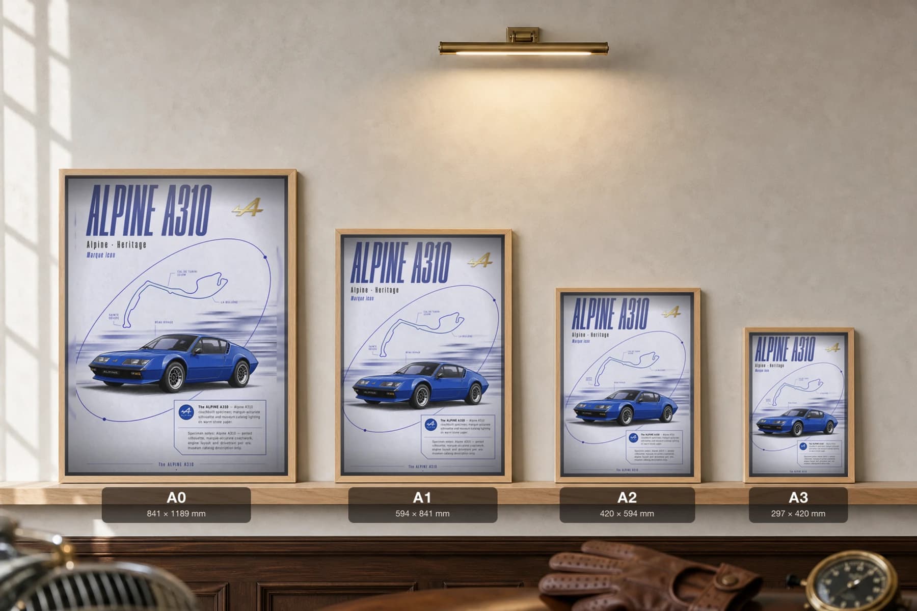 Alpine A310 Poster — 1971 sports car wall art · framed A2 · garage decor — print size guide showing the artwork at A0, A1, A2 and A3 in natural-oak frames at true relative scale