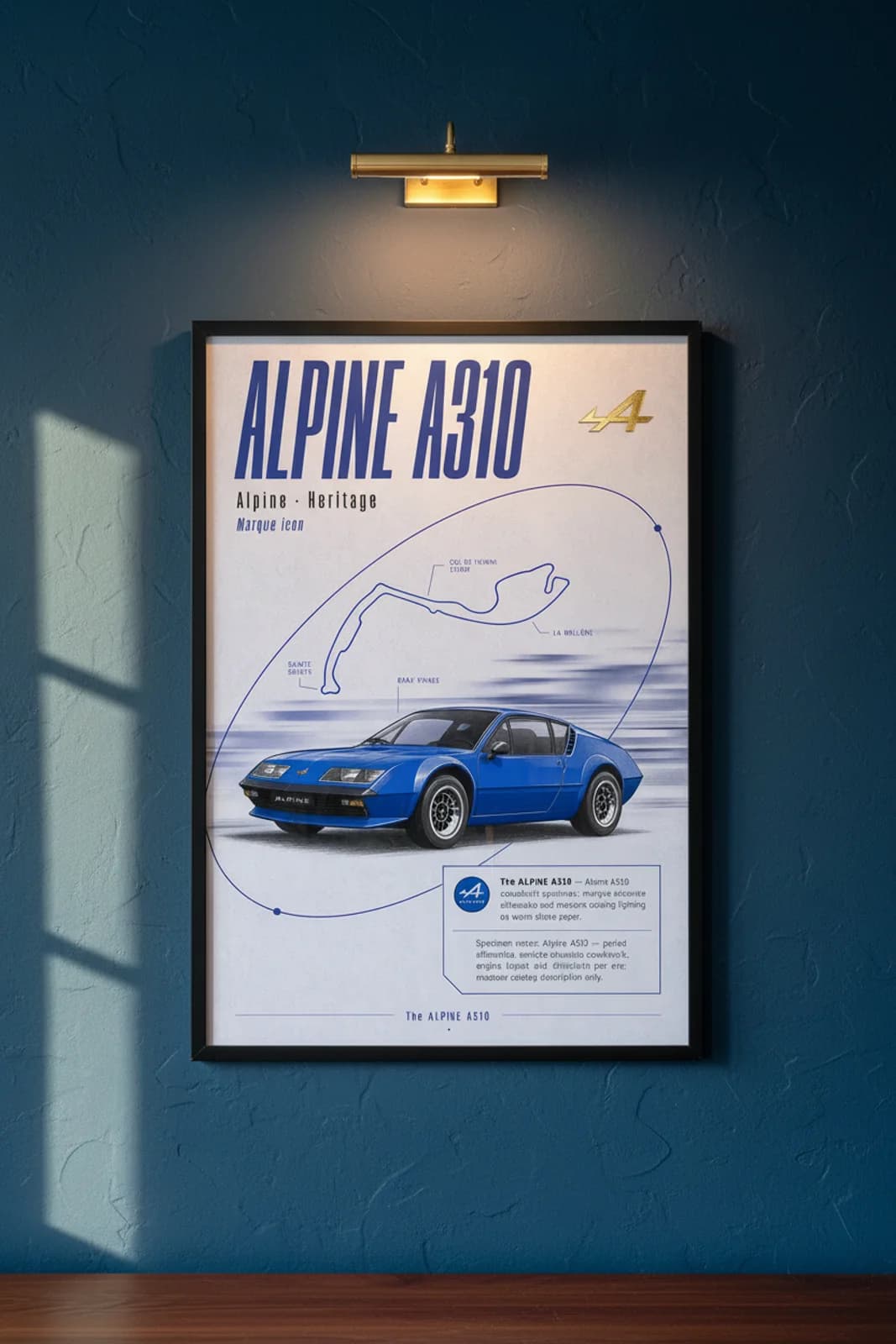 A310 poster in black A2 frame on alpine-blue lime-wash wall — Heritage Icons collector lounge mockup