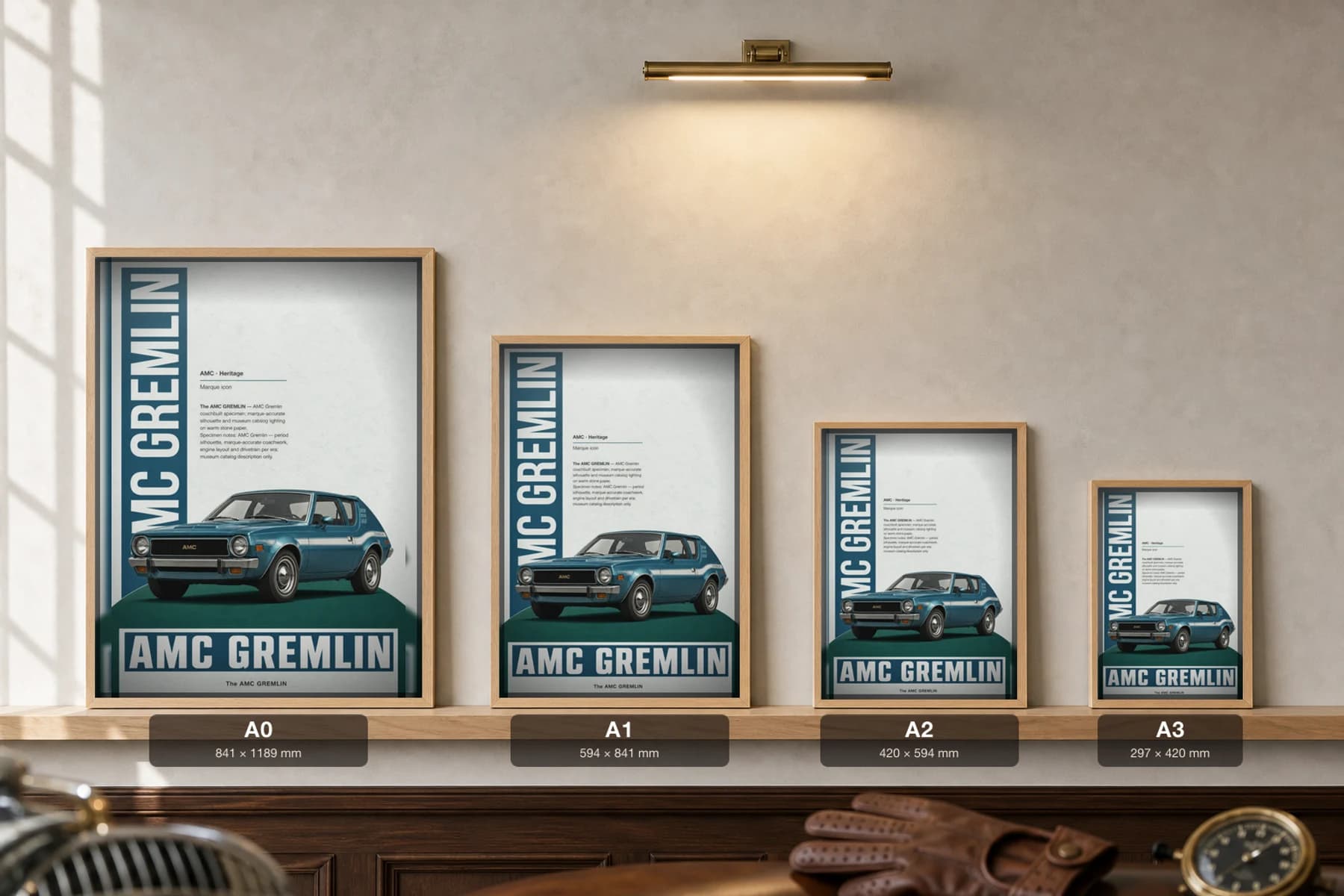 AMC Gremlin Poster — 1970 classic car wall art · framed A2 · garage decor — print size guide showing the artwork at A0, A1, A2 and A3 in natural-oak frames at true relative scale