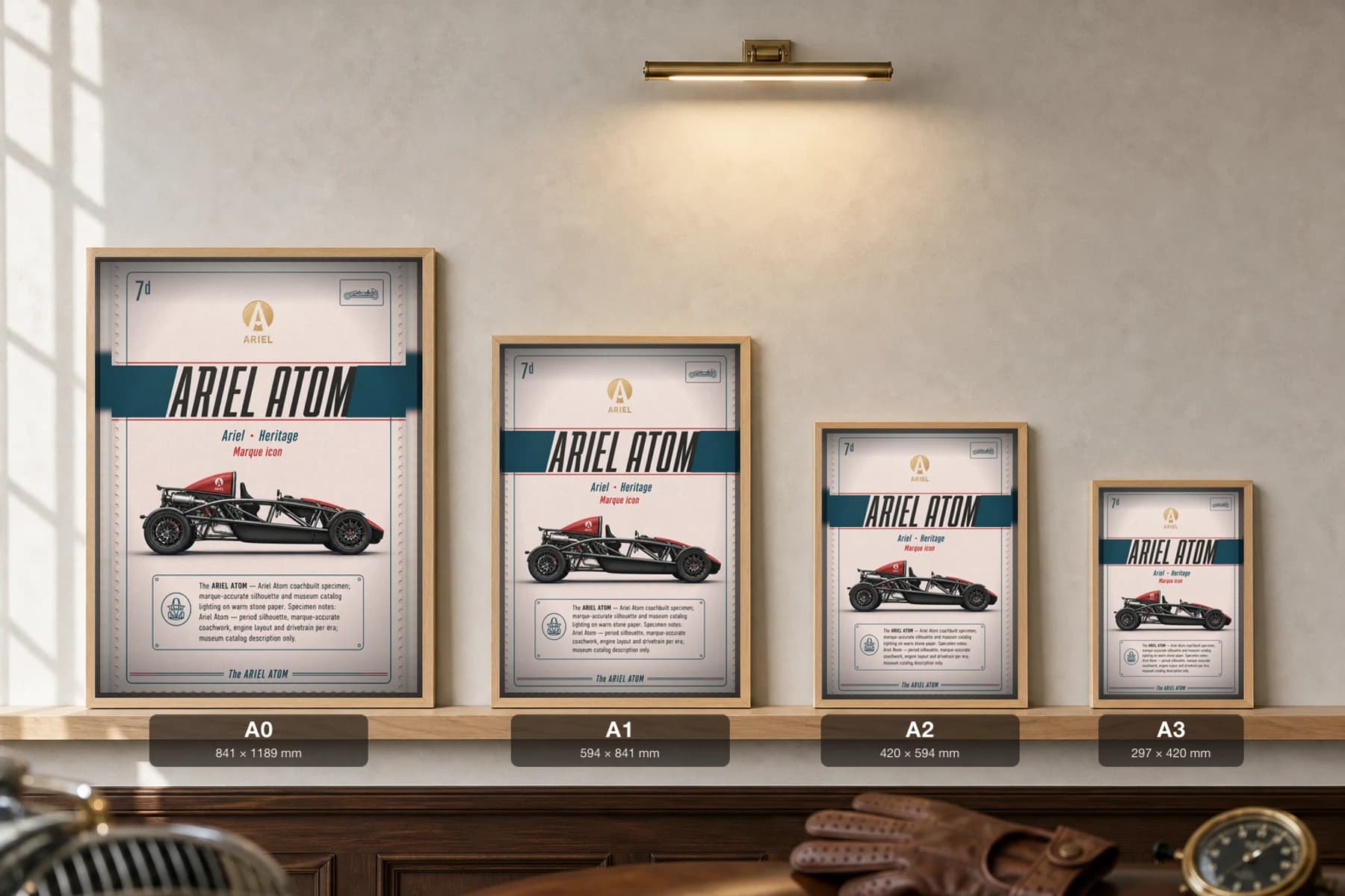 Ariel Atom Poster — 2000 classic car wall art · framed A2 · garage decor — print size guide showing the artwork at A0, A1, A2 and A3 in natural-oak frames at true relative scale