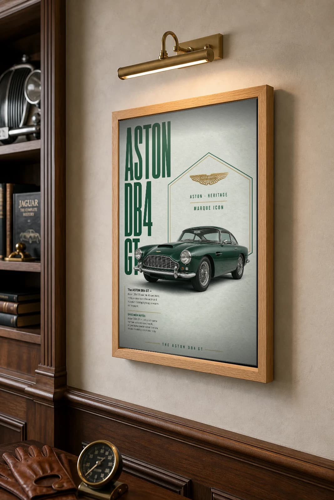 Aston Martin DB4 GT Poster — 1959 grand tourer wall art · framed A2 · garage decor — the framed print shown at a three-quarter angle on a styled gallery wall in a natural-oak frame