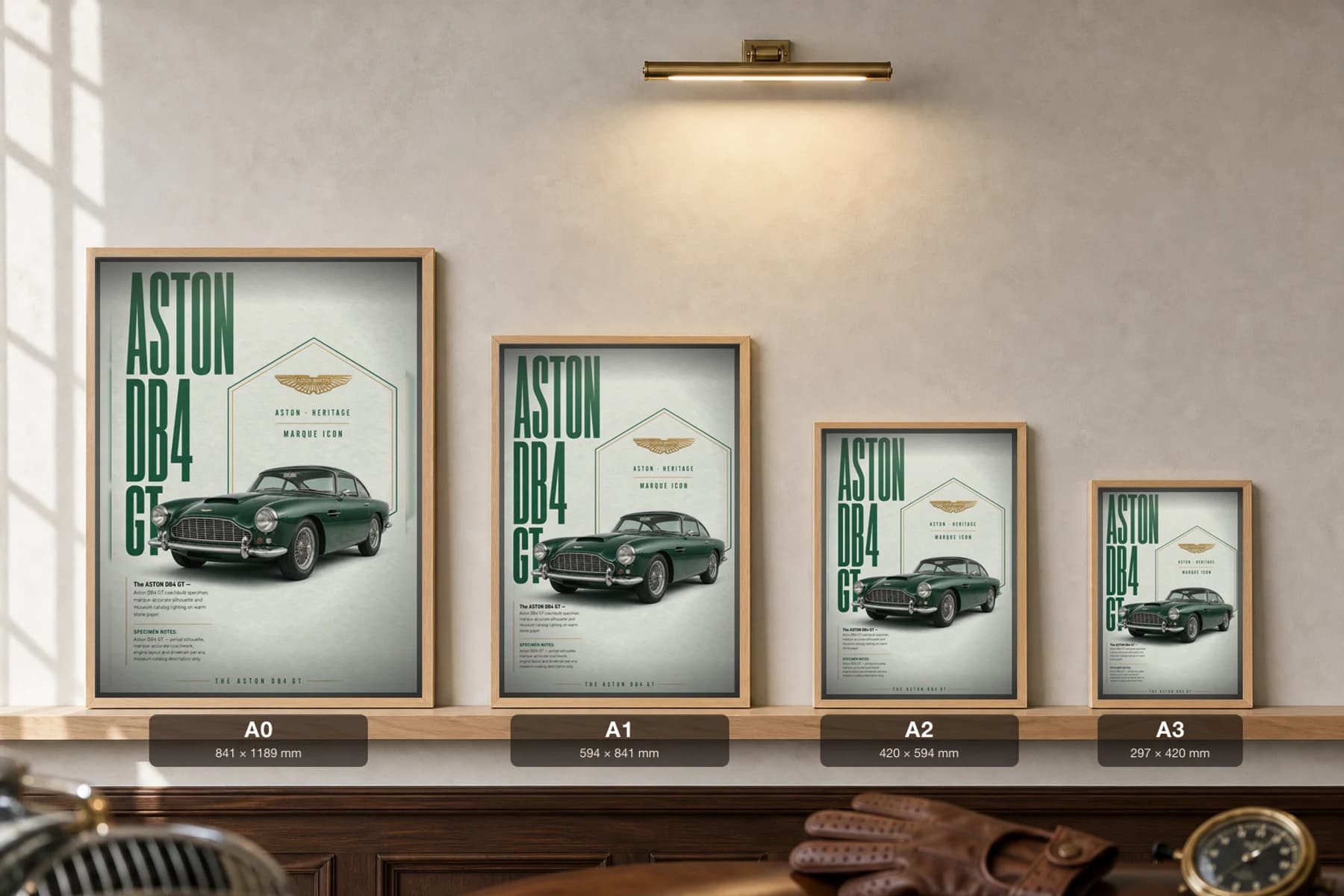 Aston Martin DB4 GT Poster — 1959 grand tourer wall art · framed A2 · garage decor — print size guide showing the artwork at A0, A1, A2 and A3 in natural-oak frames at true relative scale