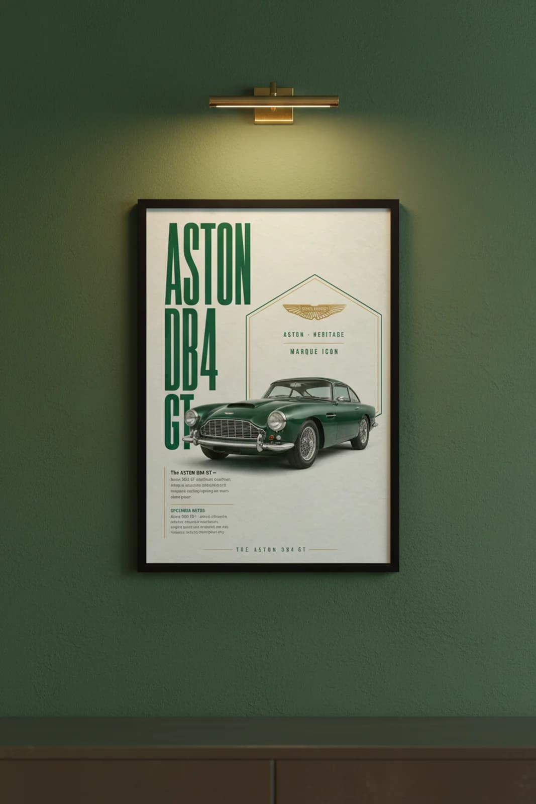 DB4 GT poster in black A2 frame on british-racing-green lime-wash wall — Heritage Icons collector lounge mockup