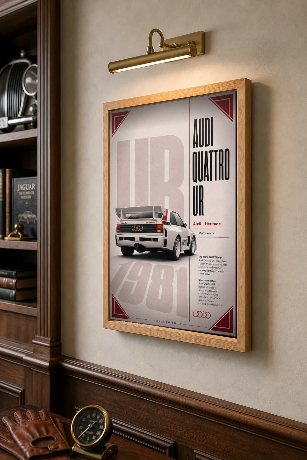 Audi Quattro UR Poster — 1981 homologation special wall art · framed A2 · garage decor — the framed print shown at a three-quarter angle on a styled gallery wall in a natural-oak frame