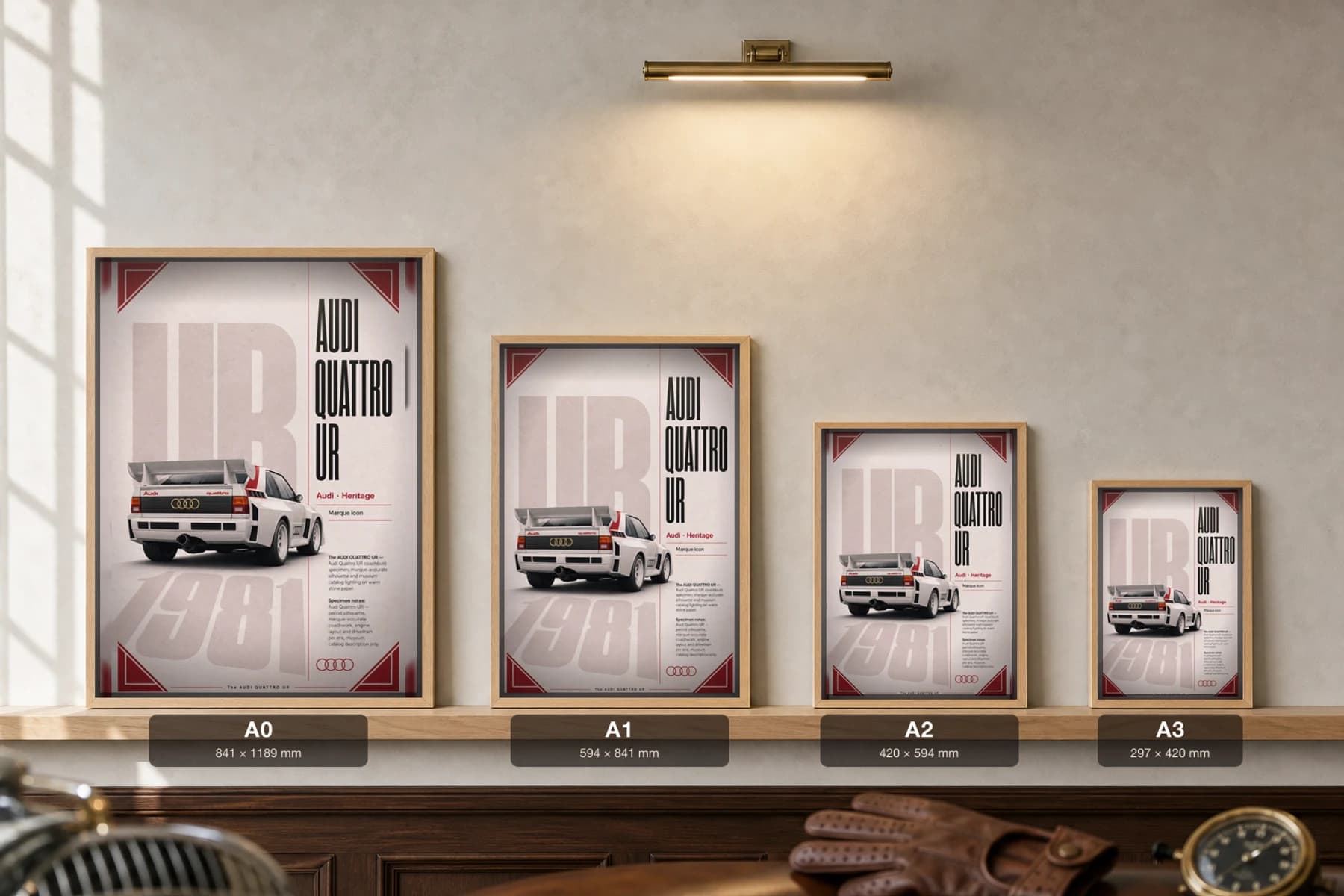 Audi Quattro UR Poster — 1981 homologation special wall art · framed A2 · garage decor — print size guide showing the artwork at A0, A1, A2 and A3 in natural-oak frames at true relative scale