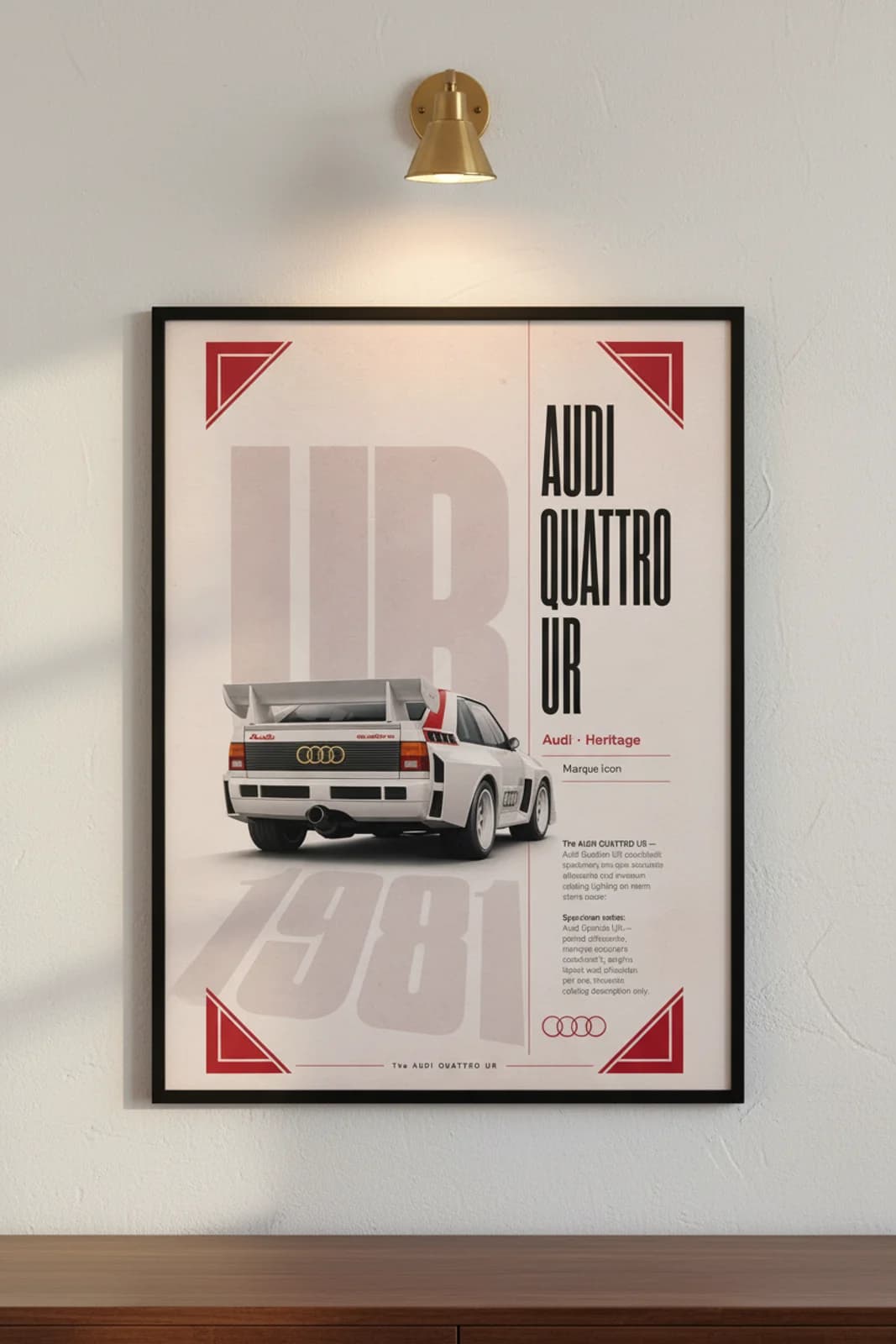 Quattro UR poster in black A2 frame on alpine-white lime-wash wall — Heritage Icons collector lounge mockup