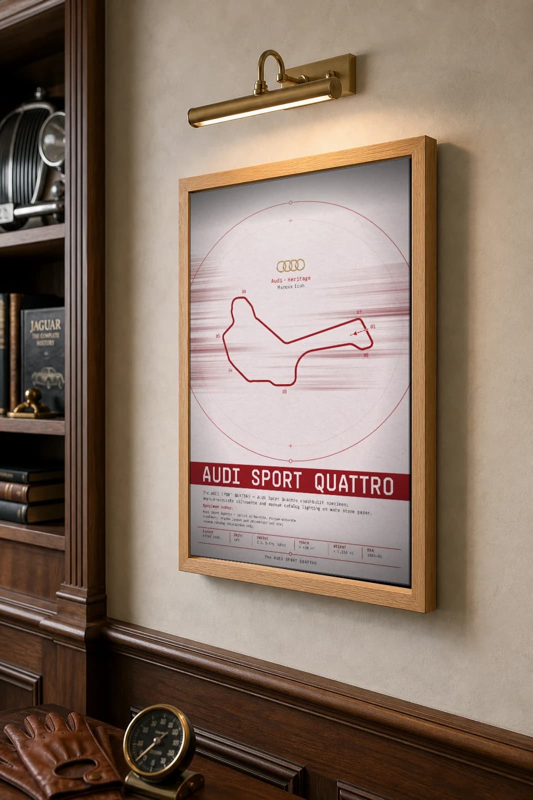 Audi Sport quattro S1 Poster — 1984 homologation special wall art · framed A2 · garage decor — the framed print shown at a three-quarter angle on a styled gallery wall in a natural-oak frame