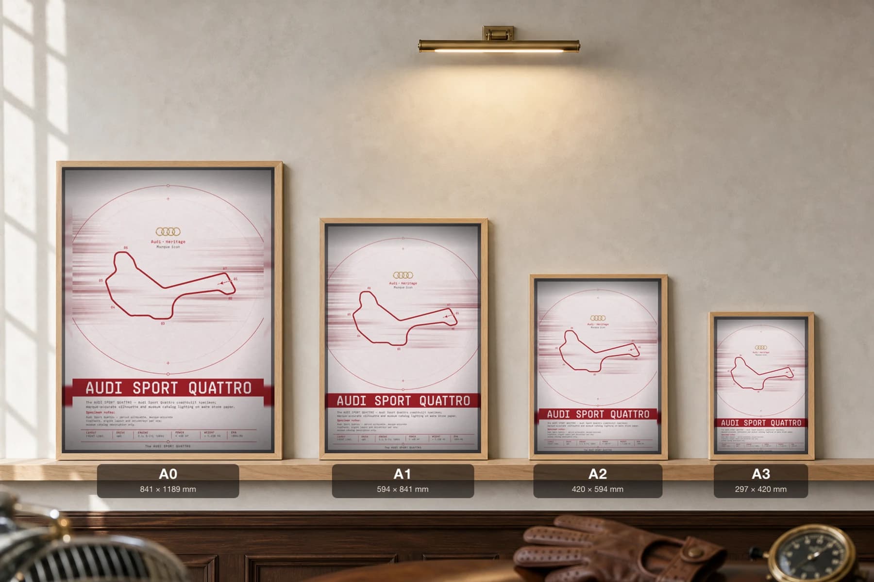 Audi Sport quattro S1 Poster — 1984 homologation special wall art · framed A2 · garage decor — print size guide showing the artwork at A0, A1, A2 and A3 in natural-oak frames at true relative scale