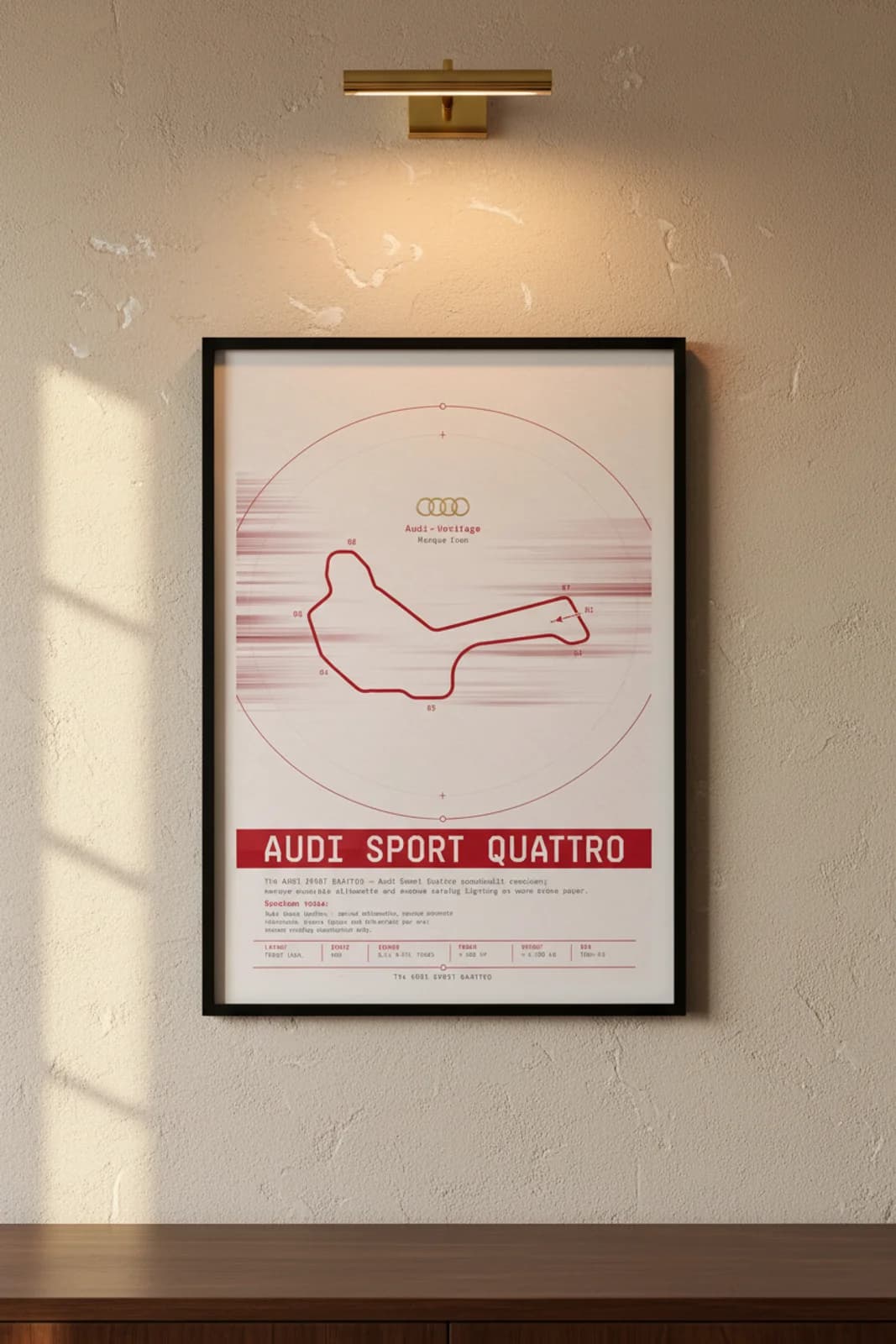 Sport Quattro poster in black A2 frame on nordschleife-red lime-wash wall — Heritage Icons collector lounge mockup