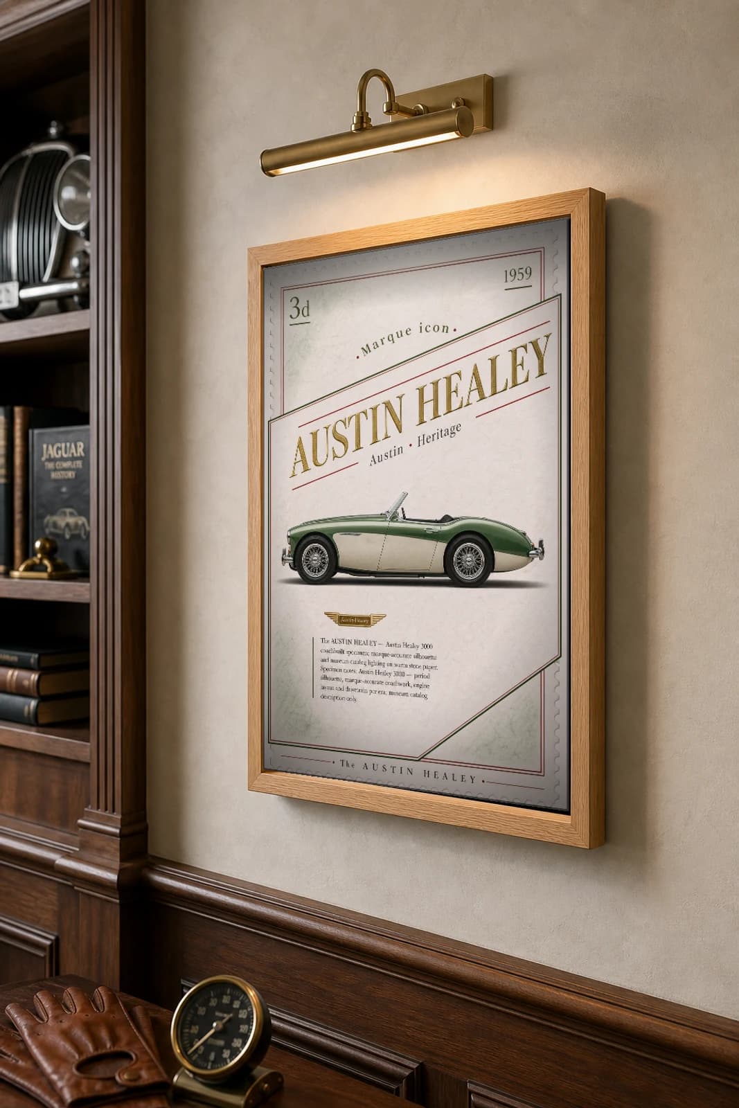 Austin-Healey 3000 Poster — 1959 roadster wall art · framed A2 · garage decor — the framed print shown at a three-quarter angle on a styled gallery wall in a natural-oak frame