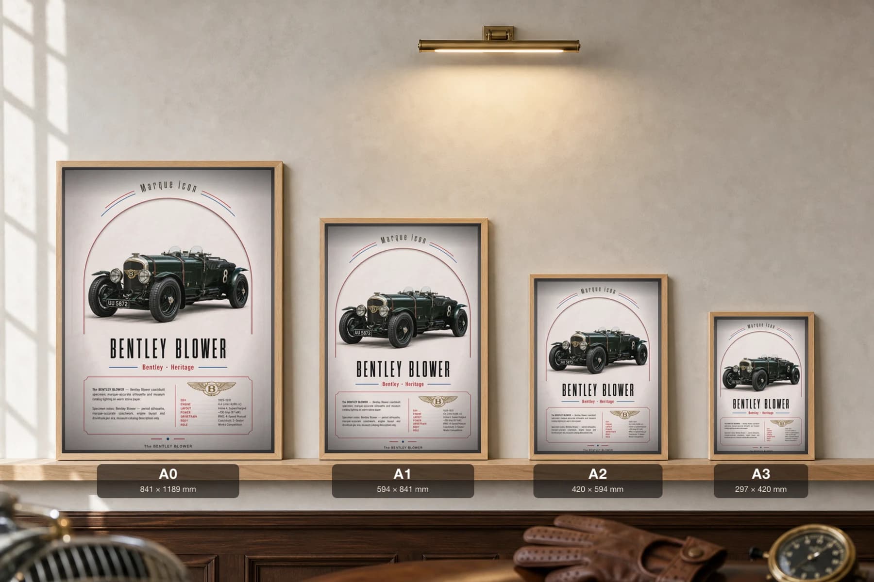 Bentley 4½ Litre Blower Poster — 1929 race car wall art · framed A2 · garage decor — print size guide showing the artwork at A0, A1, A2 and A3 in natural-oak frames at true relative scale