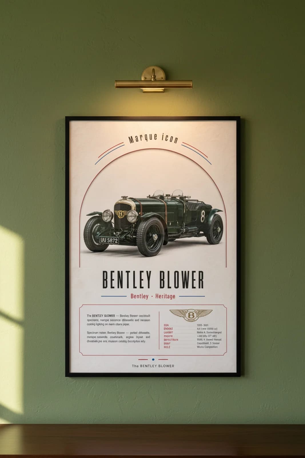 Blower Bentley poster in black A2 frame on british-racing-green lime-wash wall — Heritage Icons collector lounge mockup