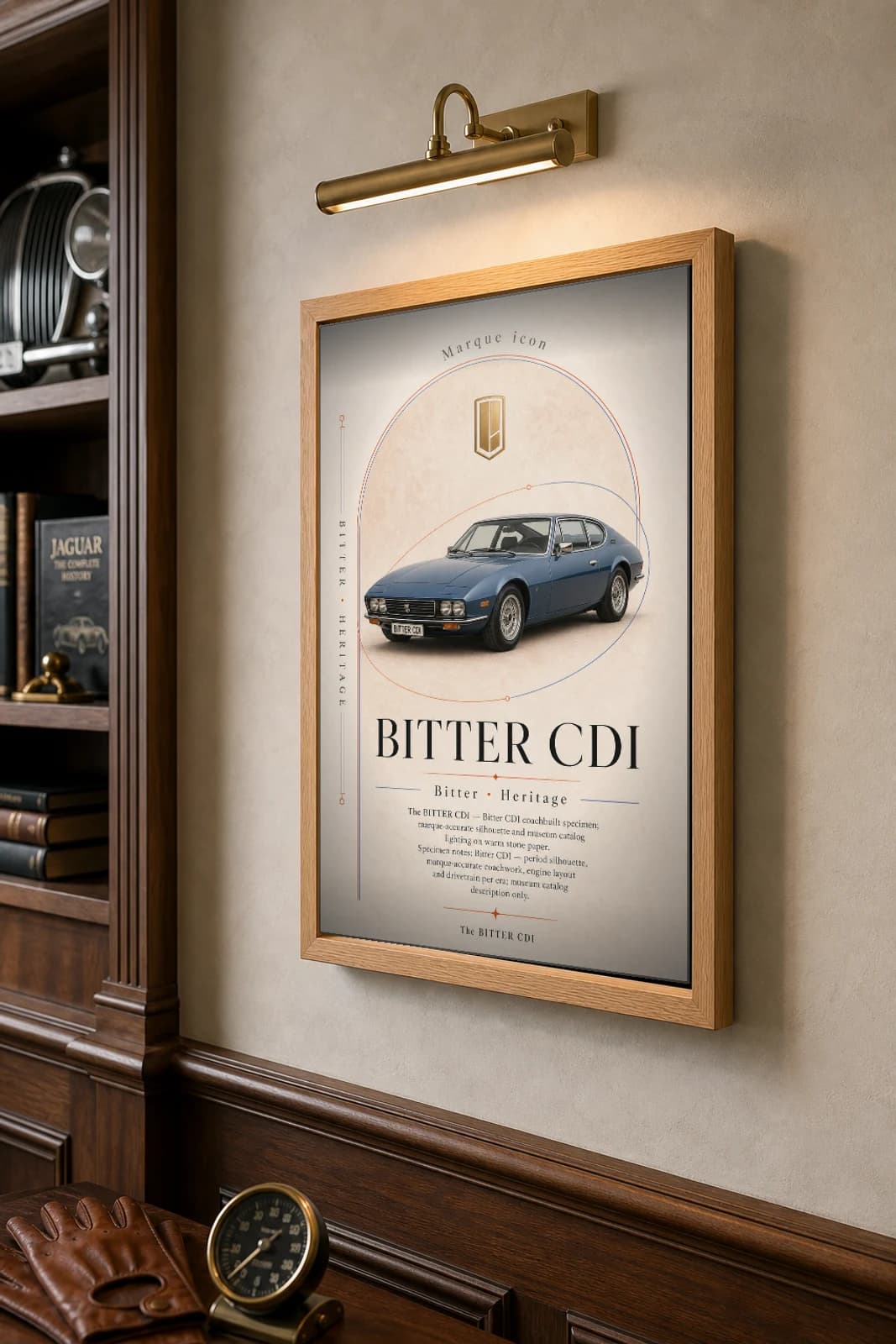 Bitter CD Poster — 1973 grand tourer wall art · framed A2 · garage decor — the framed print shown at a three-quarter angle on a styled gallery wall in a natural-oak frame