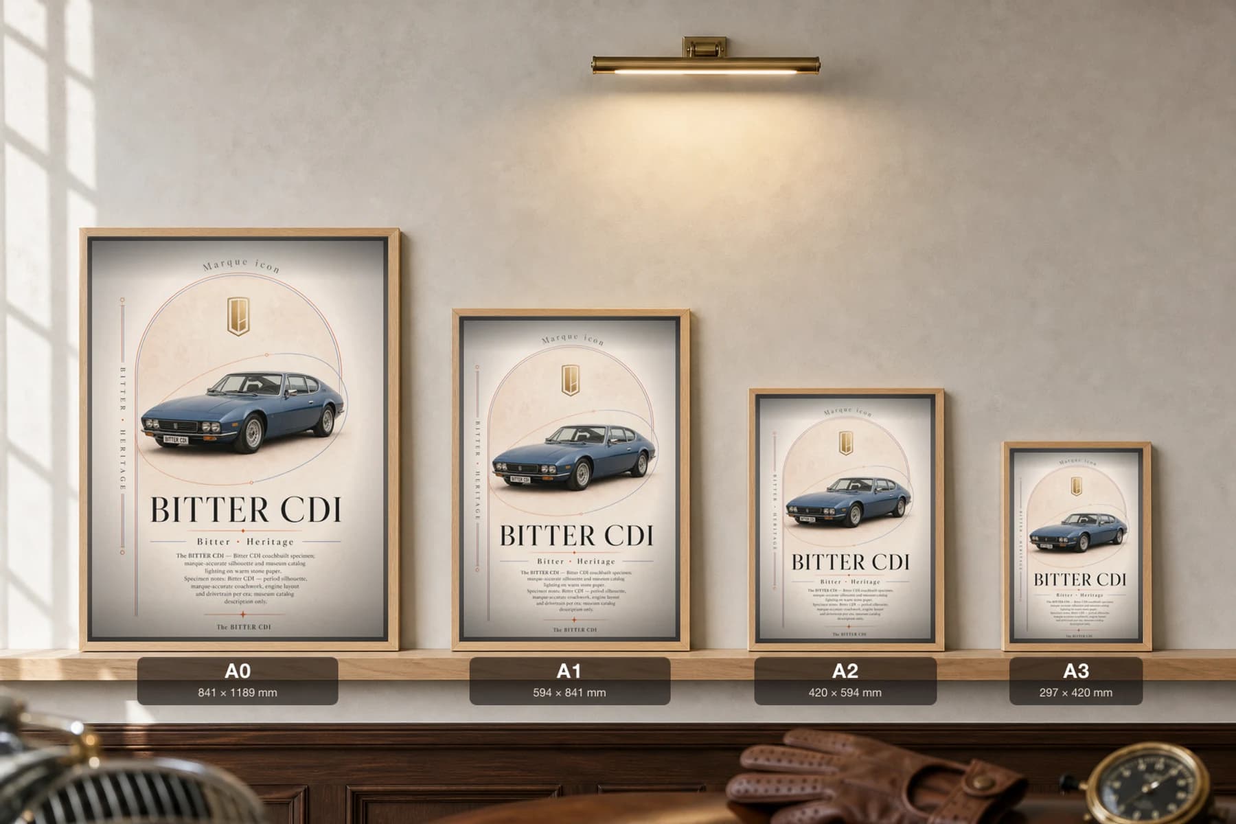 Bitter CD Poster — 1973 grand tourer wall art · framed A2 · garage decor — print size guide showing the artwork at A0, A1, A2 and A3 in natural-oak frames at true relative scale