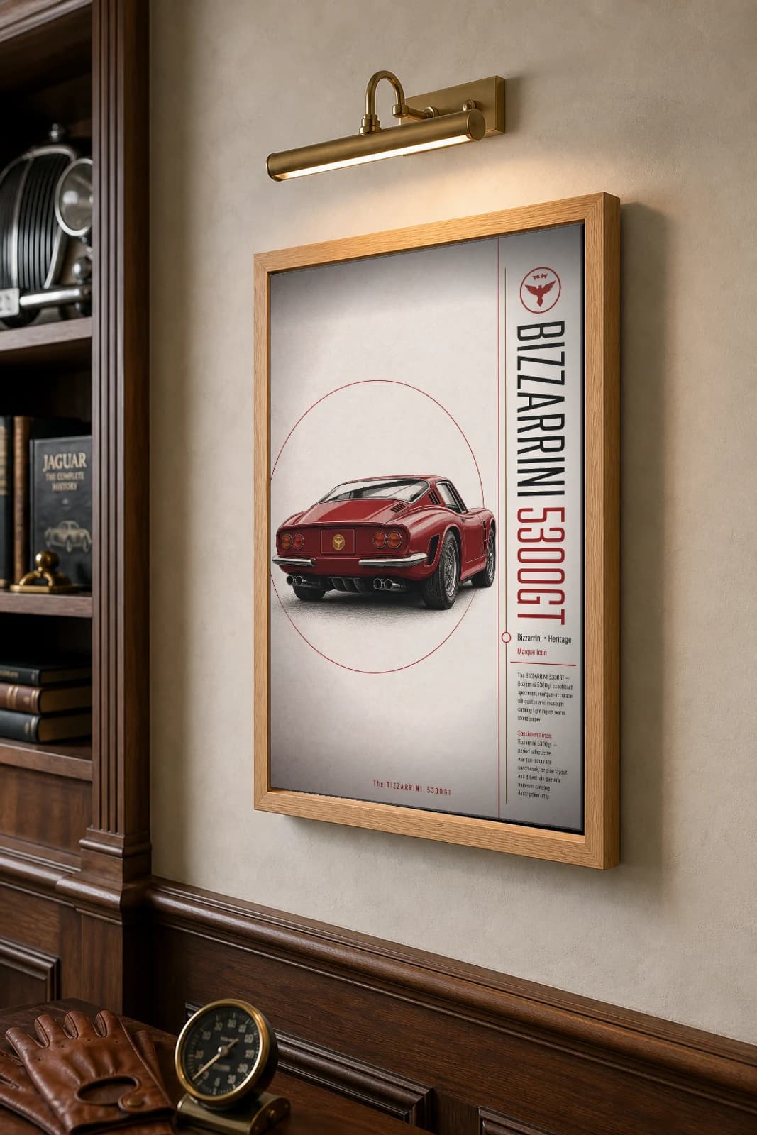 Bizzarrini 5300 GT Poster — 1964 grand tourer wall art · framed A2 · garage decor — the framed print shown at a three-quarter angle on a styled gallery wall in a natural-oak frame