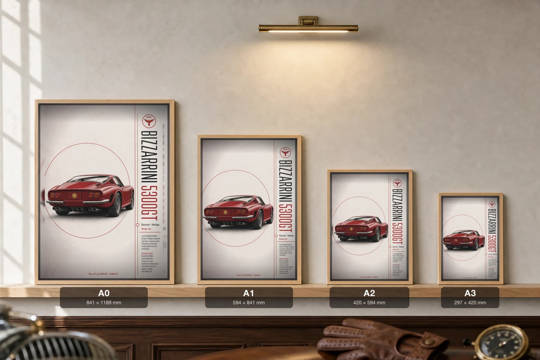Bizzarrini 5300 GT Poster — 1964 grand tourer wall art · framed A2 · garage decor — print size guide showing the artwork at A0, A1, A2 and A3 in natural-oak frames at true relative scale