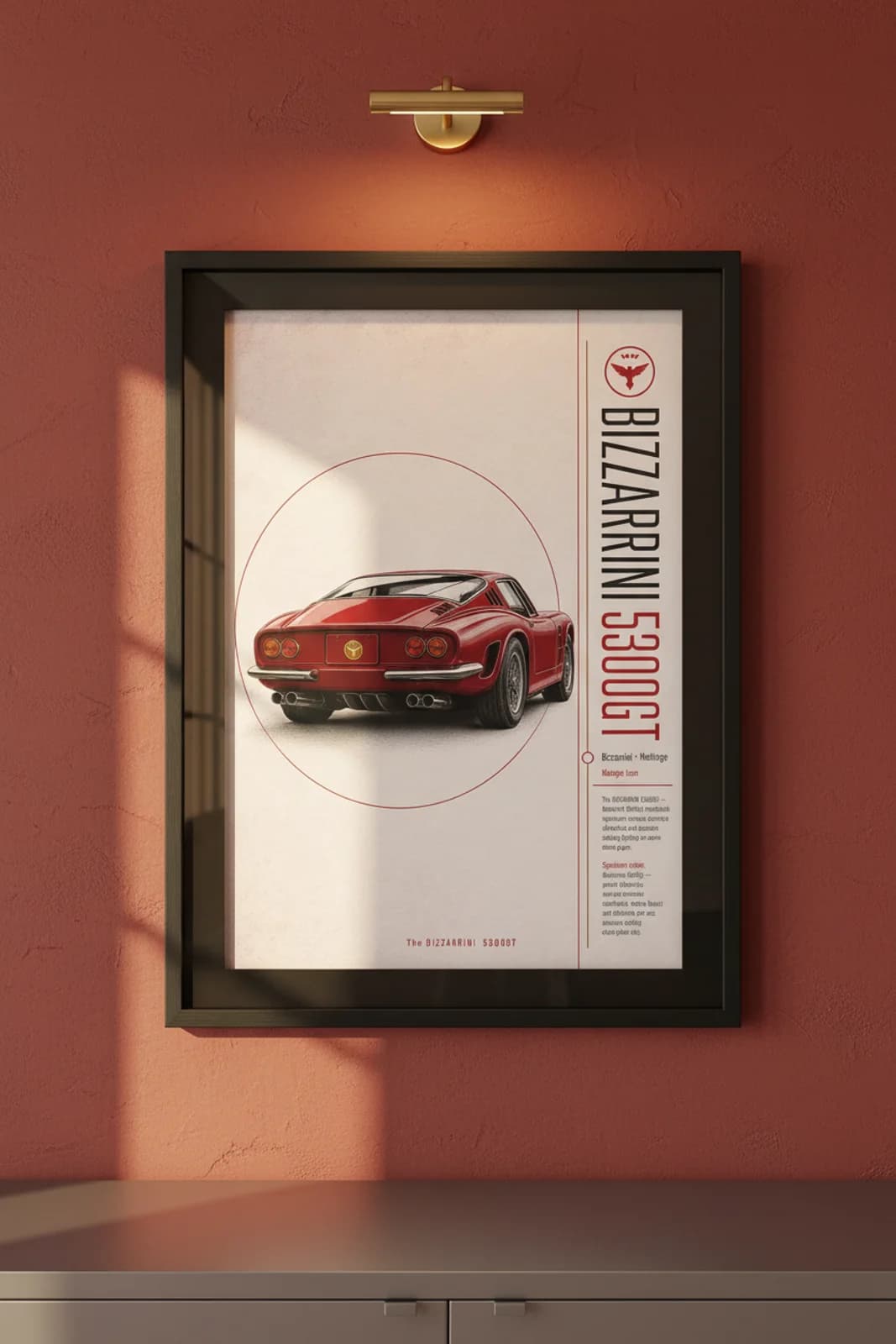 5300 GT poster in black A2 frame on rosso-red lime-wash wall — Heritage Icons collector lounge mockup