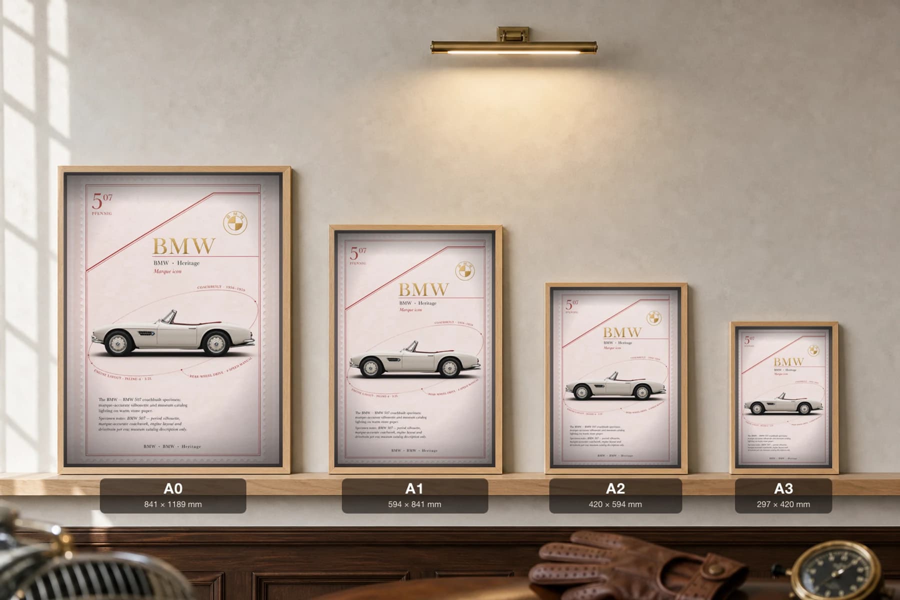 BMW 507 Poster — 1956 roadster wall art · framed A2 · garage decor — print size guide showing the artwork at A0, A1, A2 and A3 in natural-oak frames at true relative scale