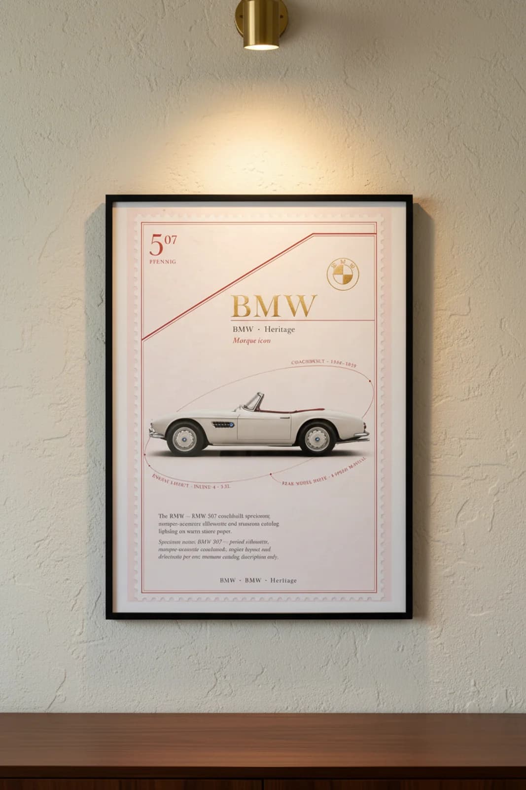 507 poster in black A2 frame on alpine-white lime-wash wall — Heritage Icons collector lounge mockup
