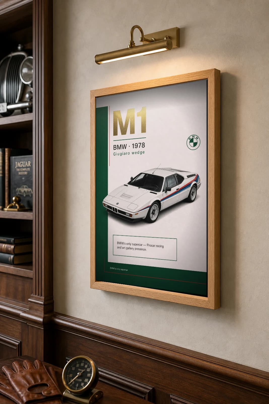 BMW M1 Poster — 1978 supercar wall art · framed A2 · garage decor — the framed print shown at a three-quarter angle on a styled gallery wall in a natural-oak frame