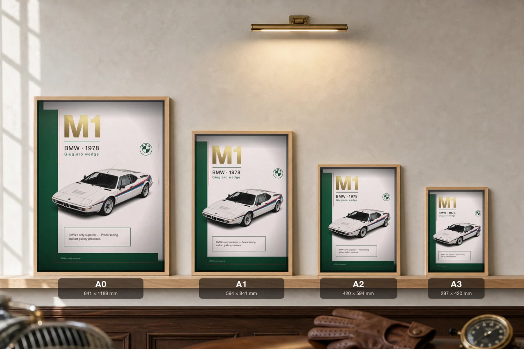 BMW M1 Poster — 1978 supercar wall art · framed A2 · garage decor — print size guide showing the artwork at A0, A1, A2 and A3 in natural-oak frames at true relative scale