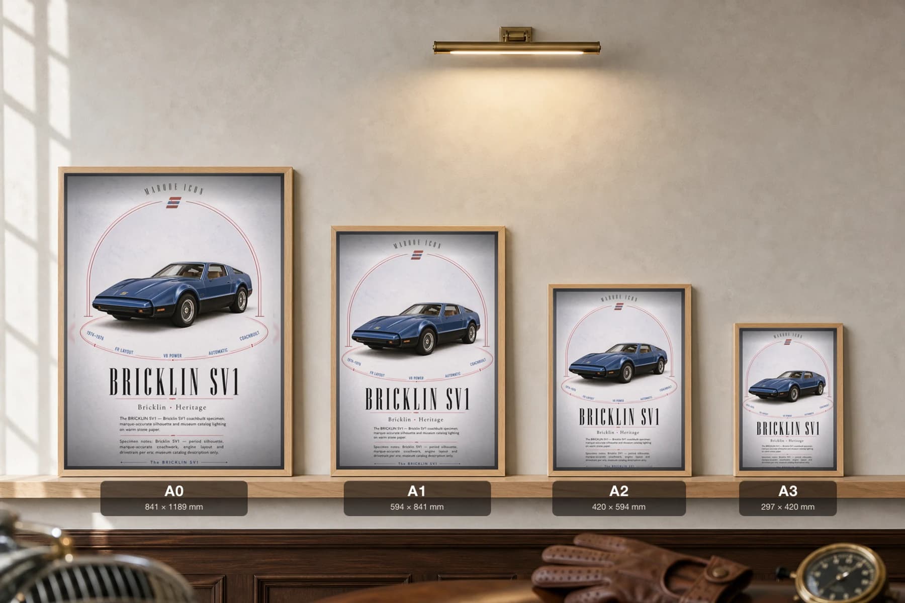 Bricklin SV1 Poster — 1974 classic car wall art · framed A2 · garage decor — print size guide showing the artwork at A0, A1, A2 and A3 in natural-oak frames at true relative scale
