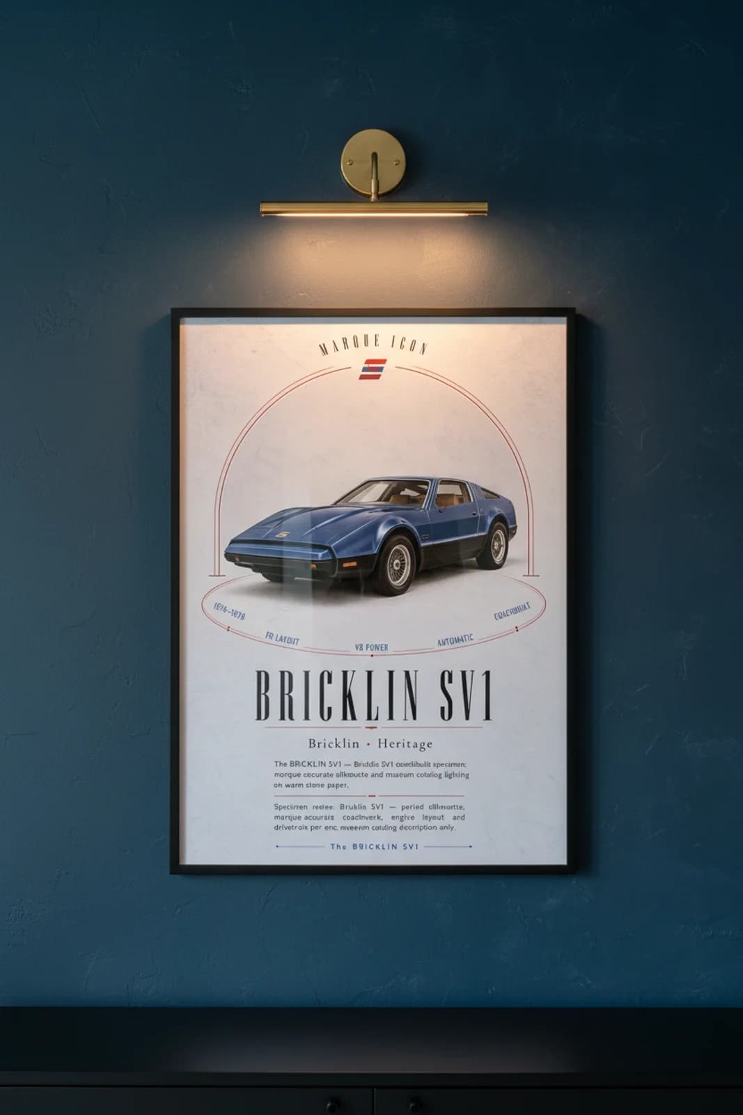 SV1 poster in black A2 frame on metallic-blue lime-wash wall — Heritage Icons collector lounge mockup
