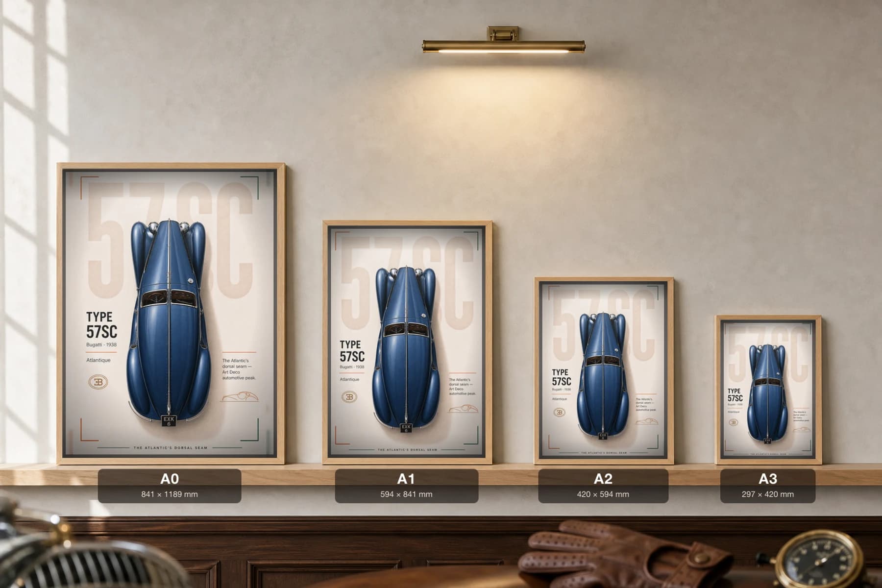 Bugatti Type 57SC Atlantic Poster — 1938 grand tourer wall art · framed A2 · garage decor — print size guide showing the artwork at A0, A1, A2 and A3 in natural-oak frames at true relative scale