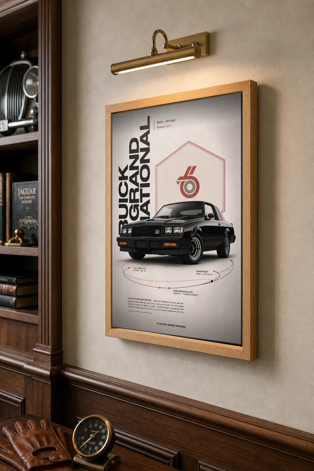 Buick Grand National Poster — 1984 muscle car wall art · framed A2 · garage decor — the framed print shown at a three-quarter angle on a styled gallery wall in a natural-oak frame