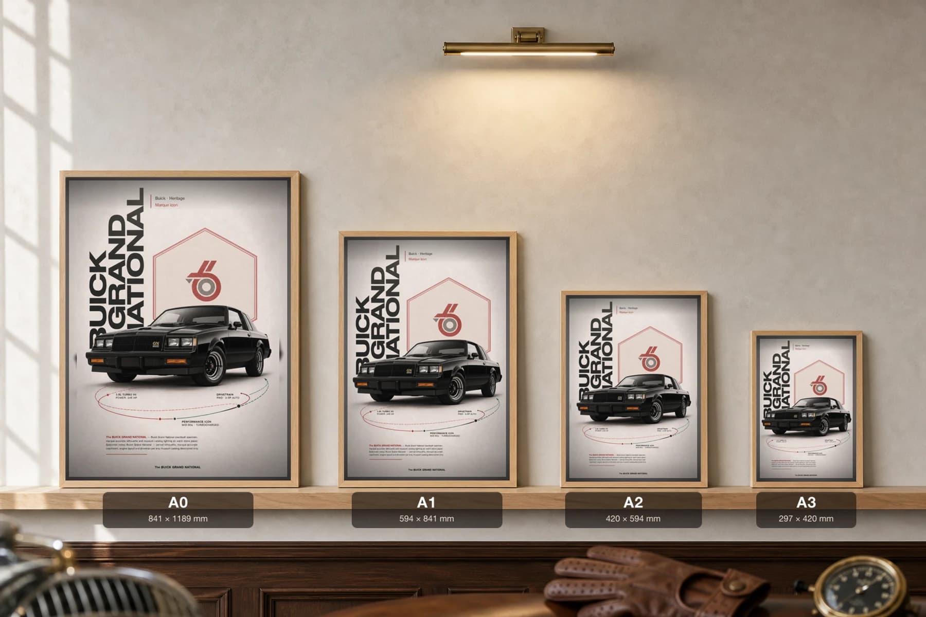 Buick Grand National Poster — 1984 muscle car wall art · framed A2 · garage decor — print size guide showing the artwork at A0, A1, A2 and A3 in natural-oak frames at true relative scale