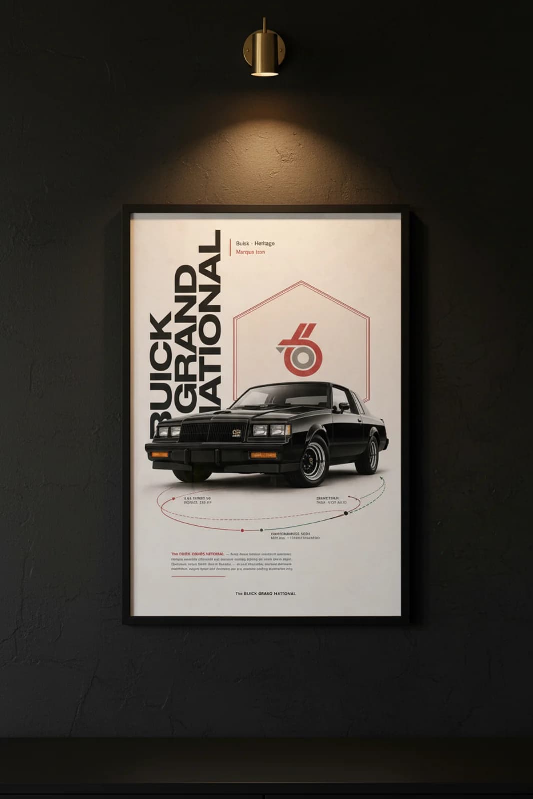 Grand National poster in black A2 frame on murdered-out-black lime-wash wall — Heritage Icons collector lounge mockup