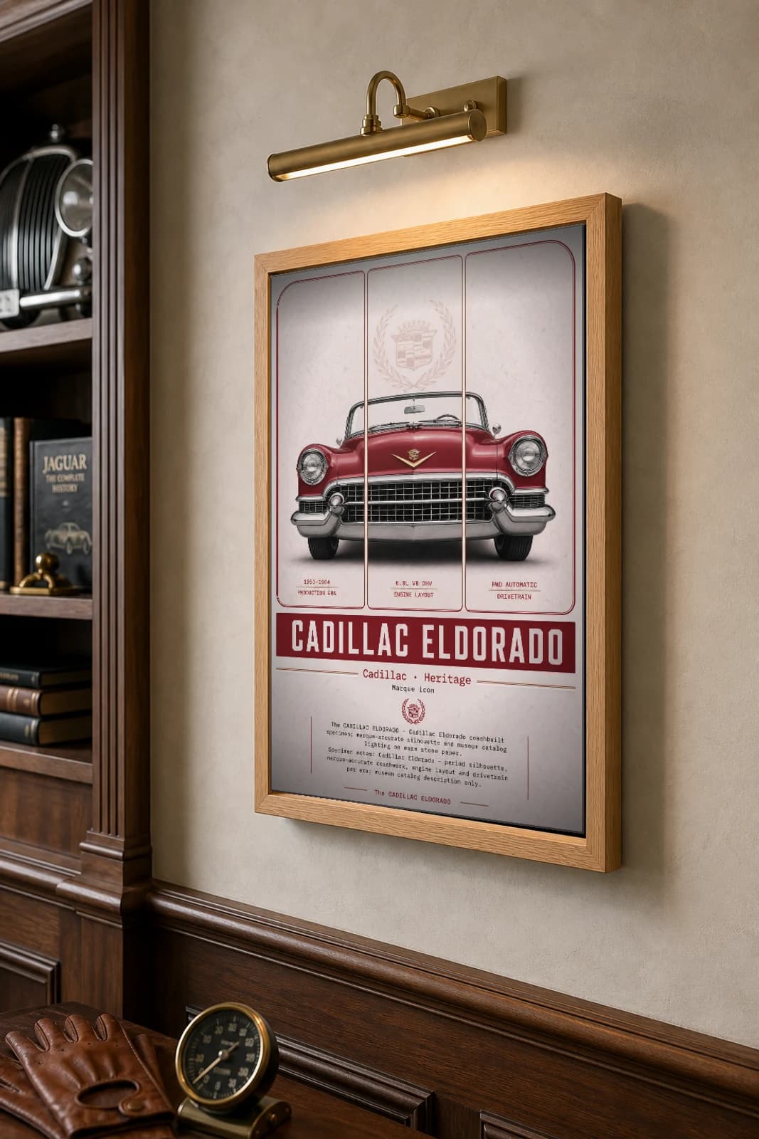Cadillac Eldorado Poster — 1953 Toreador Red convertible wall art · framed A2 · collector decor — the framed print shown at a three-quarter angle on a styled gallery wall in a natural-oak frame