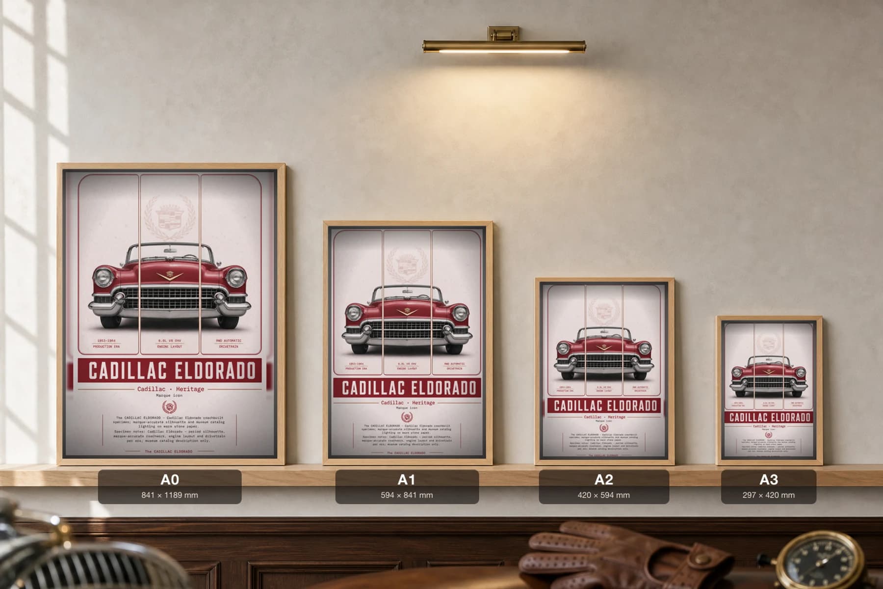 Cadillac Eldorado Poster — 1953 Toreador Red convertible wall art · framed A2 · collector decor — print size guide showing the artwork at A0, A1, A2 and A3 in natural-oak frames at true relative scale