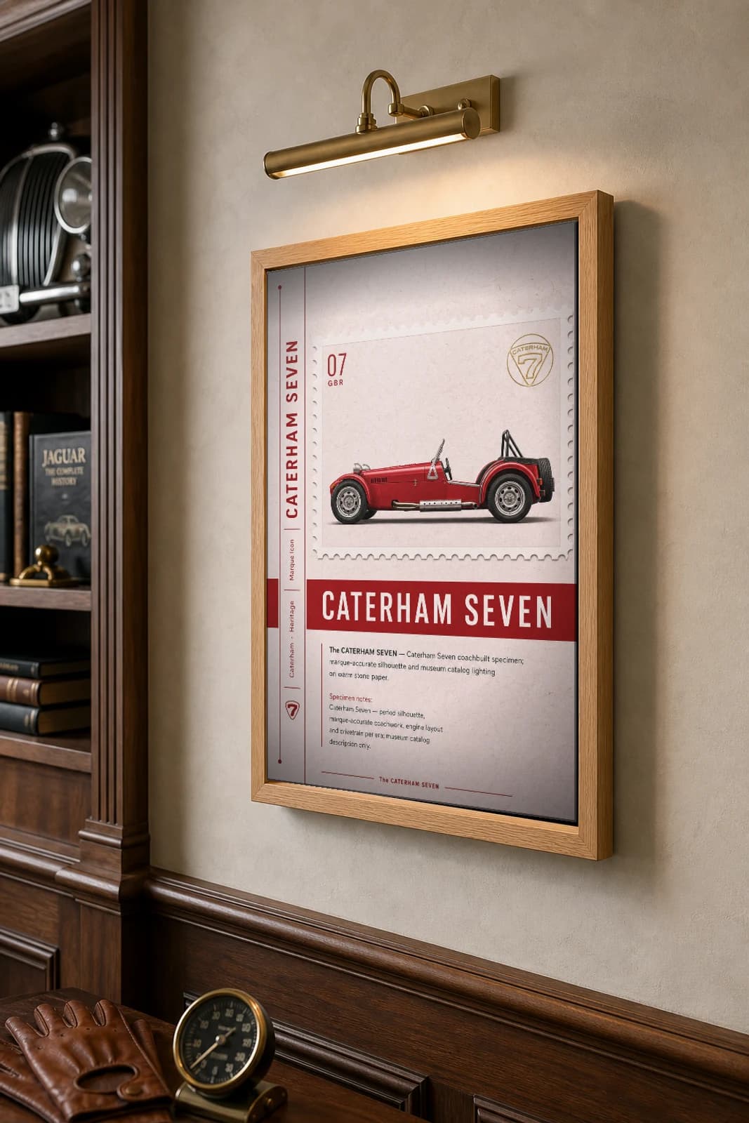 Caterham Seven Poster — 1973 British lightweight roadster wall art · framed A2 · garage decor — the framed print shown at a three-quarter angle on a styled gallery wall in a natural-oak frame