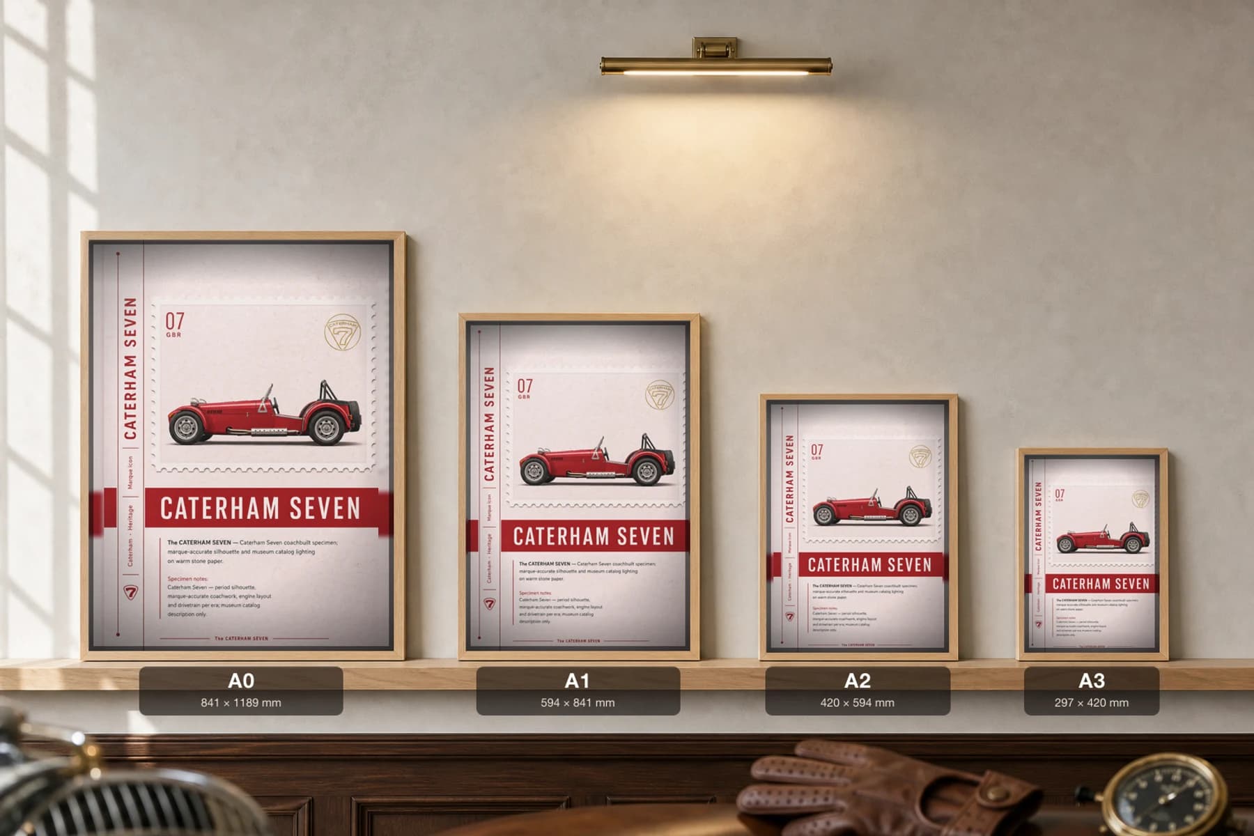 Caterham Seven Poster — 1973 British lightweight roadster wall art · framed A2 · garage decor — print size guide showing the artwork at A0, A1, A2 and A3 in natural-oak frames at true relative scale