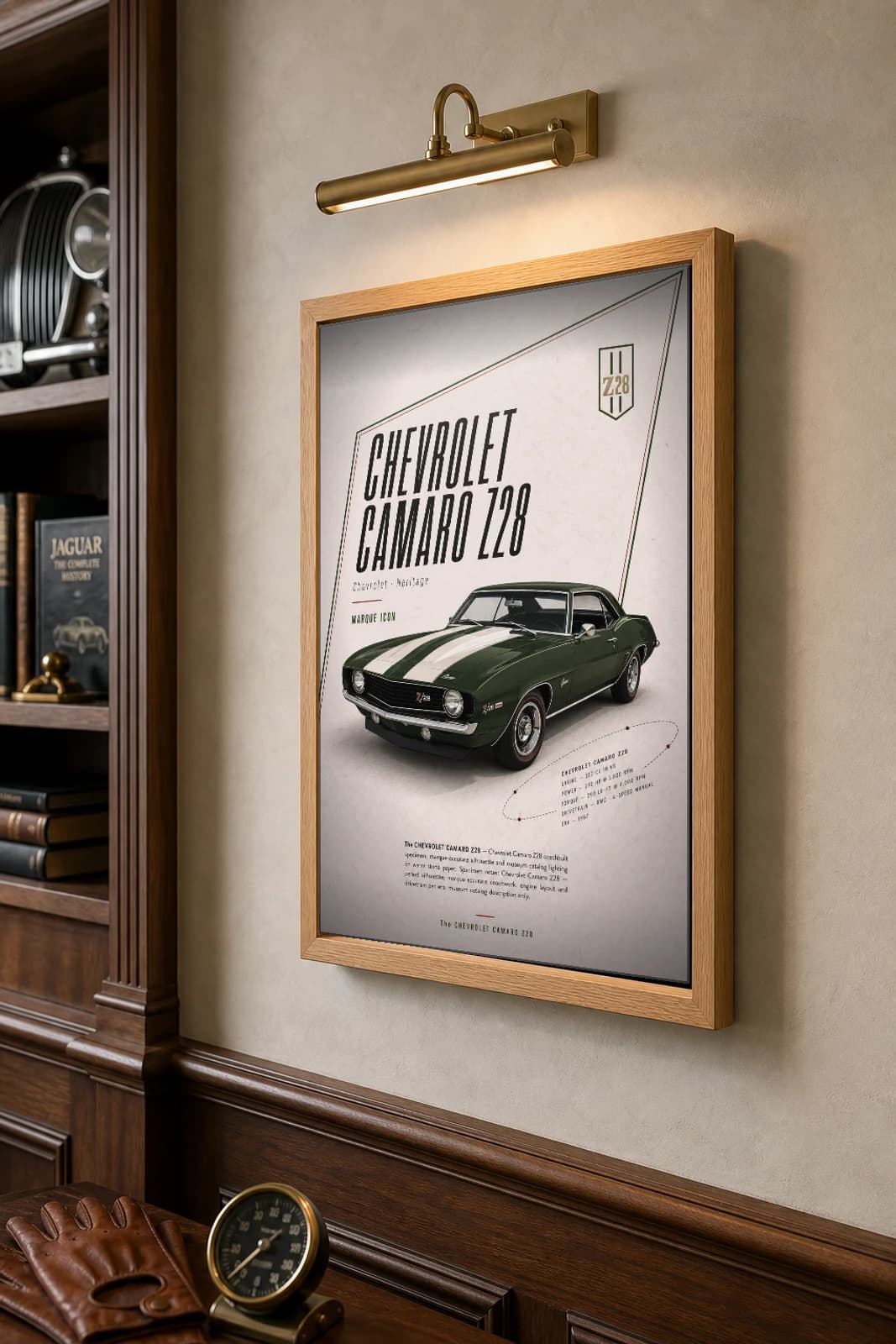 Chevrolet Camaro Z/28 Poster — 1969 Rallye Green muscle car wall art · framed A2 · garage decor — the framed print shown at a three-quarter angle on a styled gallery wall in a natural-oak frame